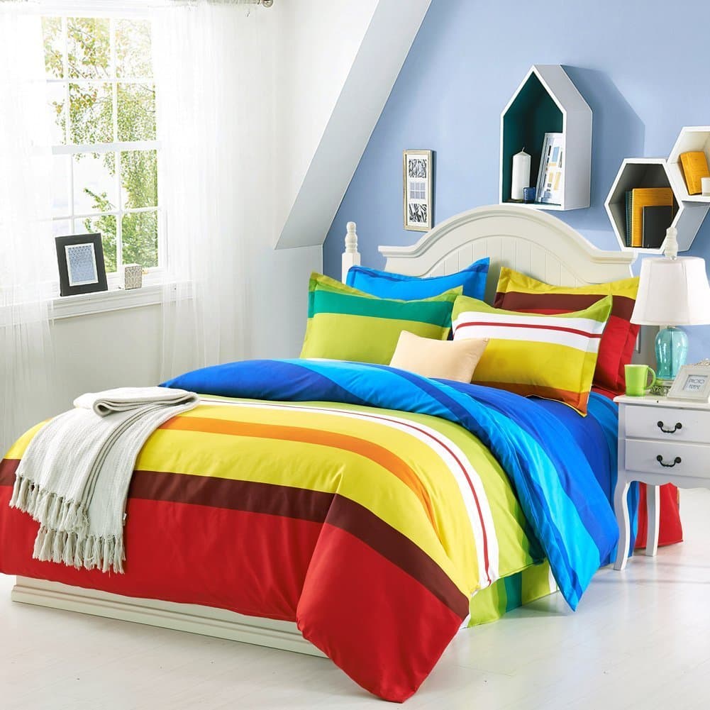 Vibrant Rainbow Striped Pattern Duvet Cover Sets Bedding Collections 4PC Colorful Full/Queen Size