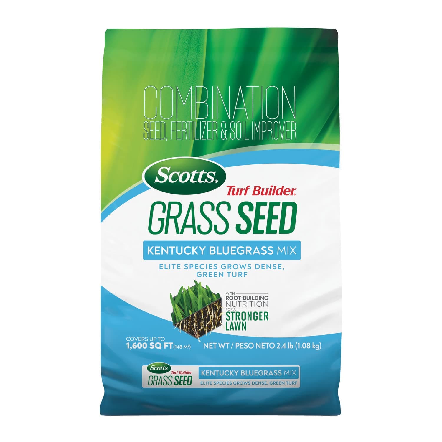 Turf Builder Grass Seed Kentucky Bluegrass Mix - Grass Seed Plus Lawn Fertilizer and Soil Improver, Grows Dense, Green Turf, Covers Up To 1,600 sq. ft., 2.4 lb.