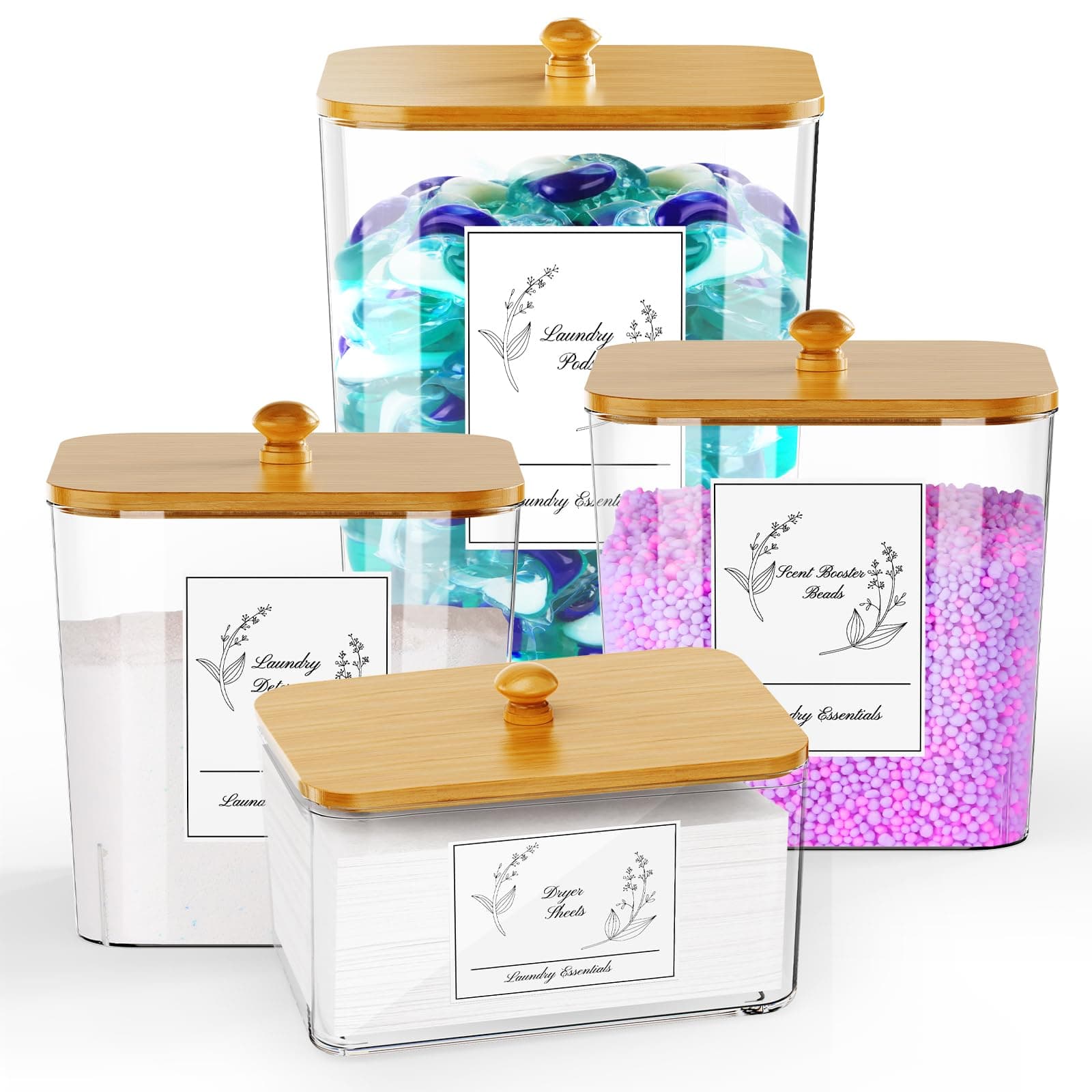 4 Pack Clear Laundry Pods Container & Dryer Sheet Holder, Plastic Square Laundry Room Organization and Storage Jars with Lids, Scoops & Labels for Detergent, Powder, Dryer Balls, Beads