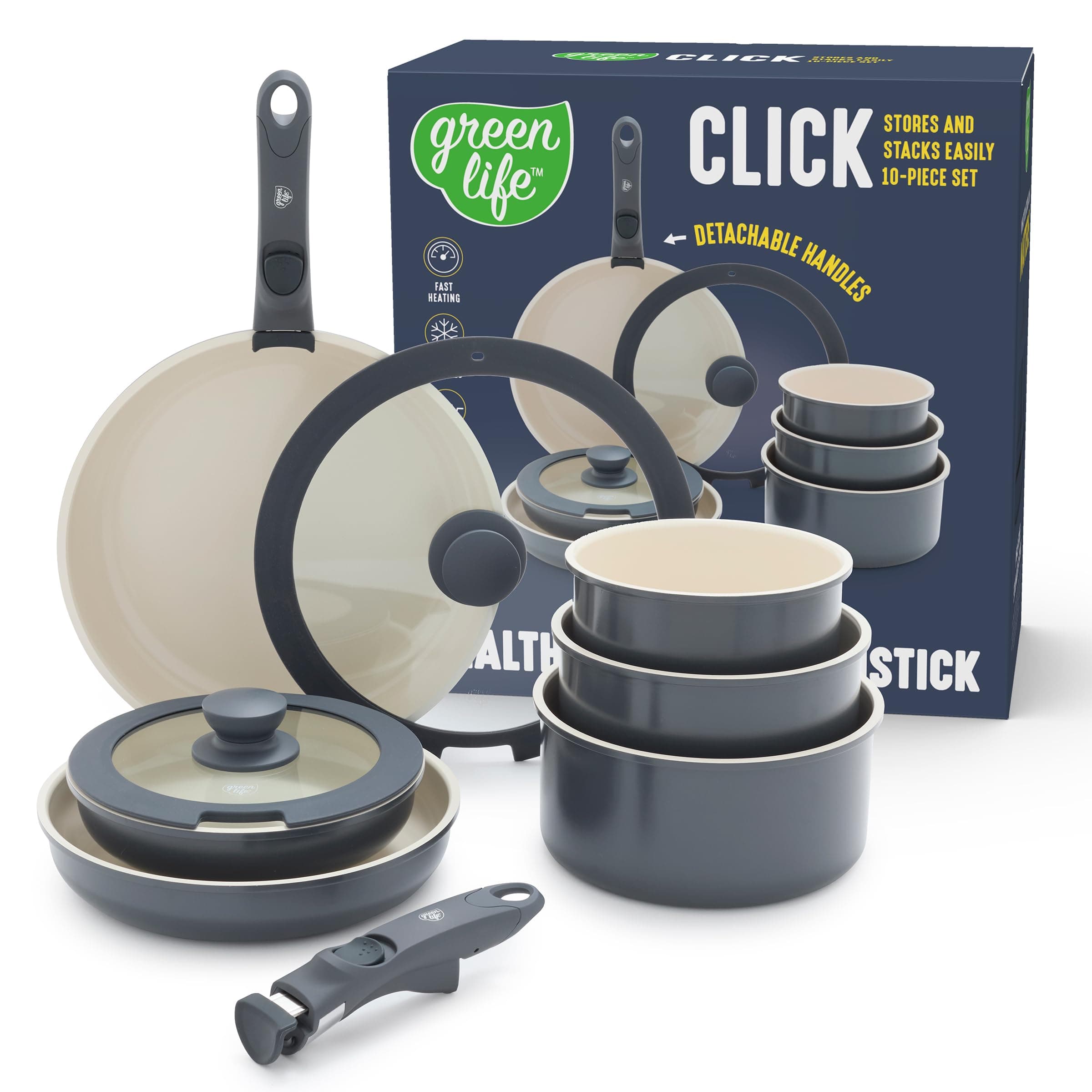 10 Piece Nonstick Pots & Pans Set, Detachable Handle & Stackable Cookware Set, Non Toxic PFAS-Free Skillets, Induction Kitchen Pans, Space Saving, Serving Bowls, Oven Safe, Graphite