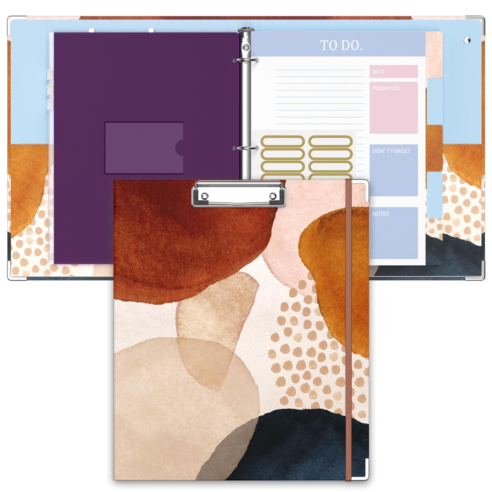 3 Ring Binder, 1 Inches Round Ring Binder with Clipboard, Dividers Tabs, PVC Zipper Bag Sleeves & to Do List Planners for Women, Men, School, Office Supplies, Abstract Art