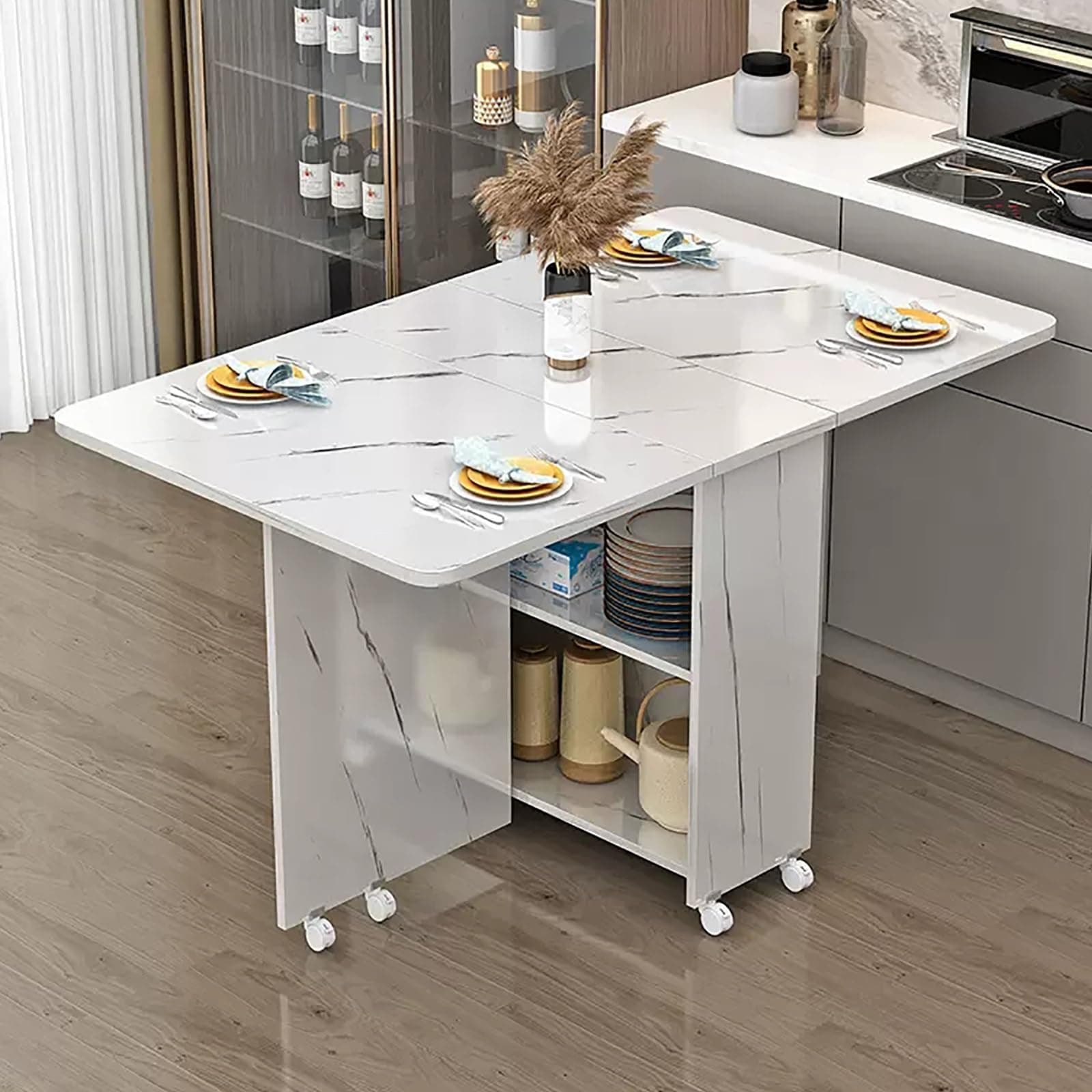 Folding Dining Table on Casters Retractable Dining Table Extendable Dining Table Seats 4-6 Movable Extendable Kitchen Table Kitchen Table Dining Table gateleg Table Space Saving (Color : D, Size : L