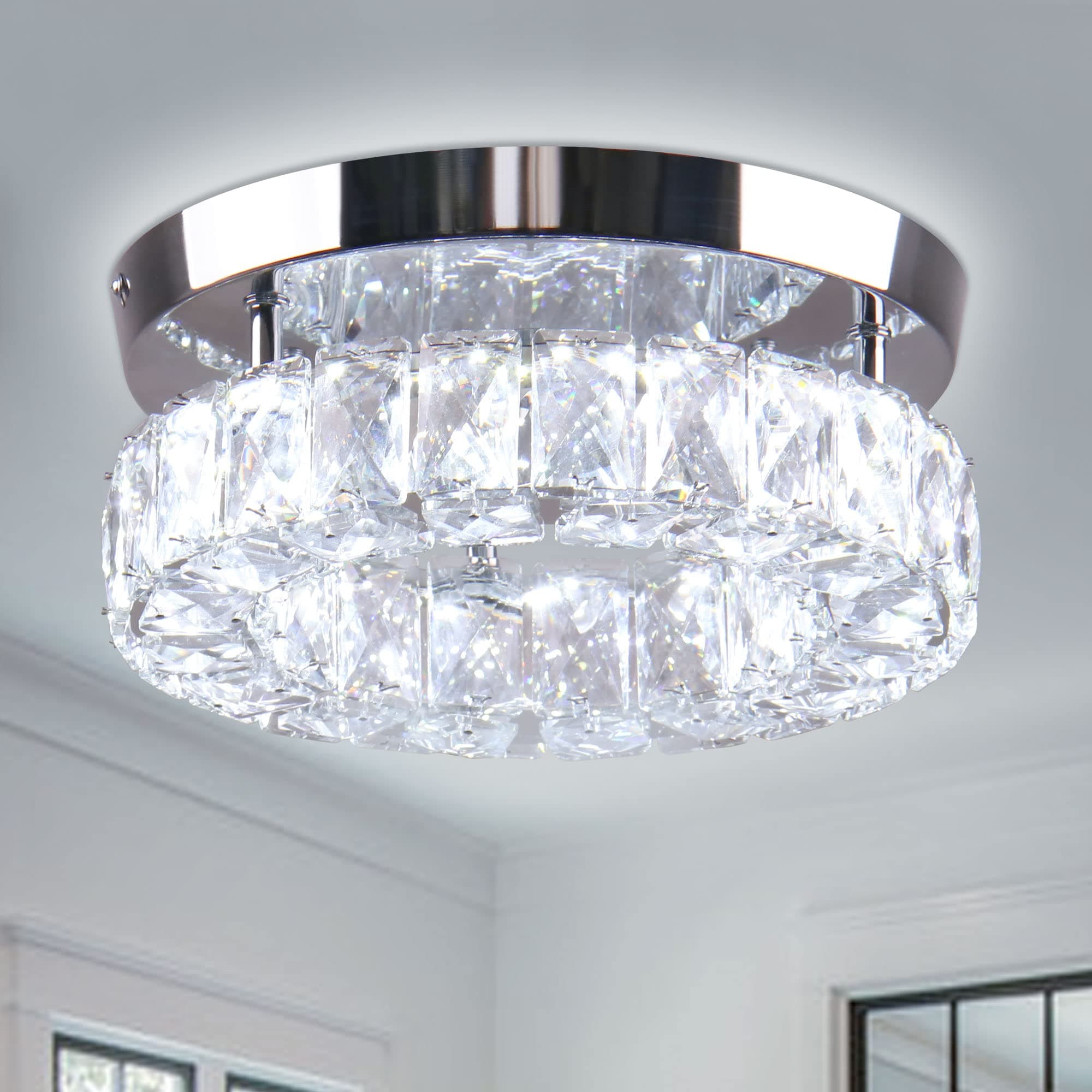 9.8" Crystal Flush Mount Ceiling Light Fixtures LED Round Mini Chandelier Light Fixture Ceiling Lamp for Kitchen Hallway Foyer 15 W 6000K Cool White
