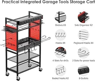 CCCEI Mobile Power Tools Organizer Cart with Charging Station, Garage Rolling 6 Drills Pegboard Storage on Wheels, with Basket, Movable Shelves, Hooks, Accessories Box, Battery Charging Power Strip.