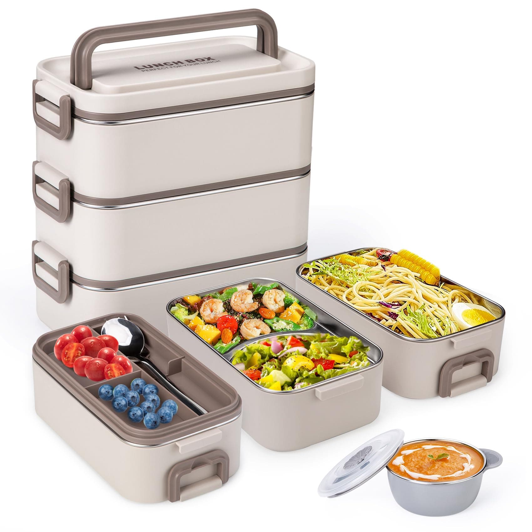 Bento Box Adult Lunch Box, Stackable 3 Layer 304 Stainless Steel Lunch box for Adults Kids Office, 3L Large Capacity Portable Lunch Box Containers with Soup Bowl Spoon and Fork