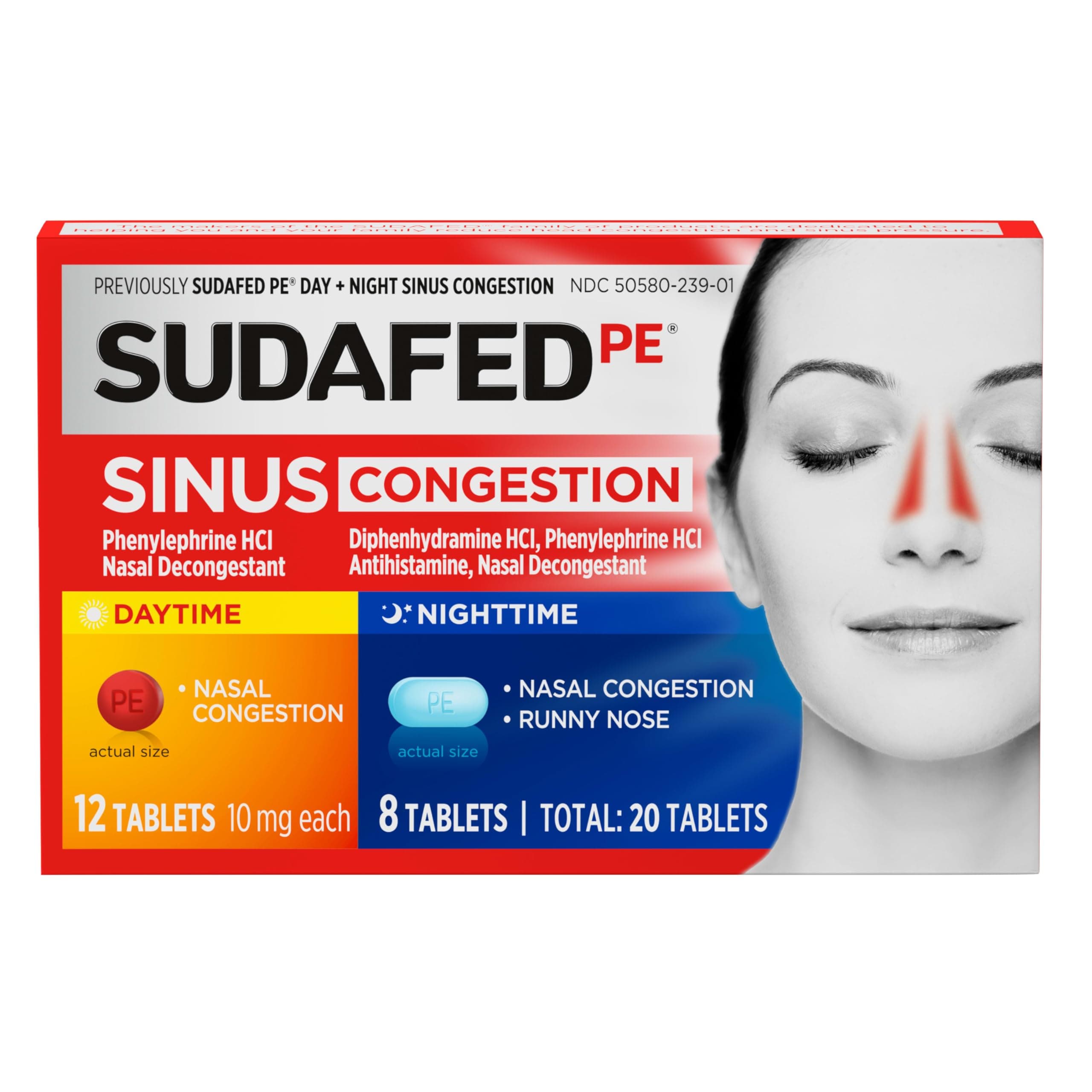 PE Sinus Congestion Day + Night Maximum Strength Decongestant & Antihistamine Tablets with Phenylephrine HCl & Diphenhydramine HCl, Helps Nasal & Sinus Pressure & Congestion, 20 ct