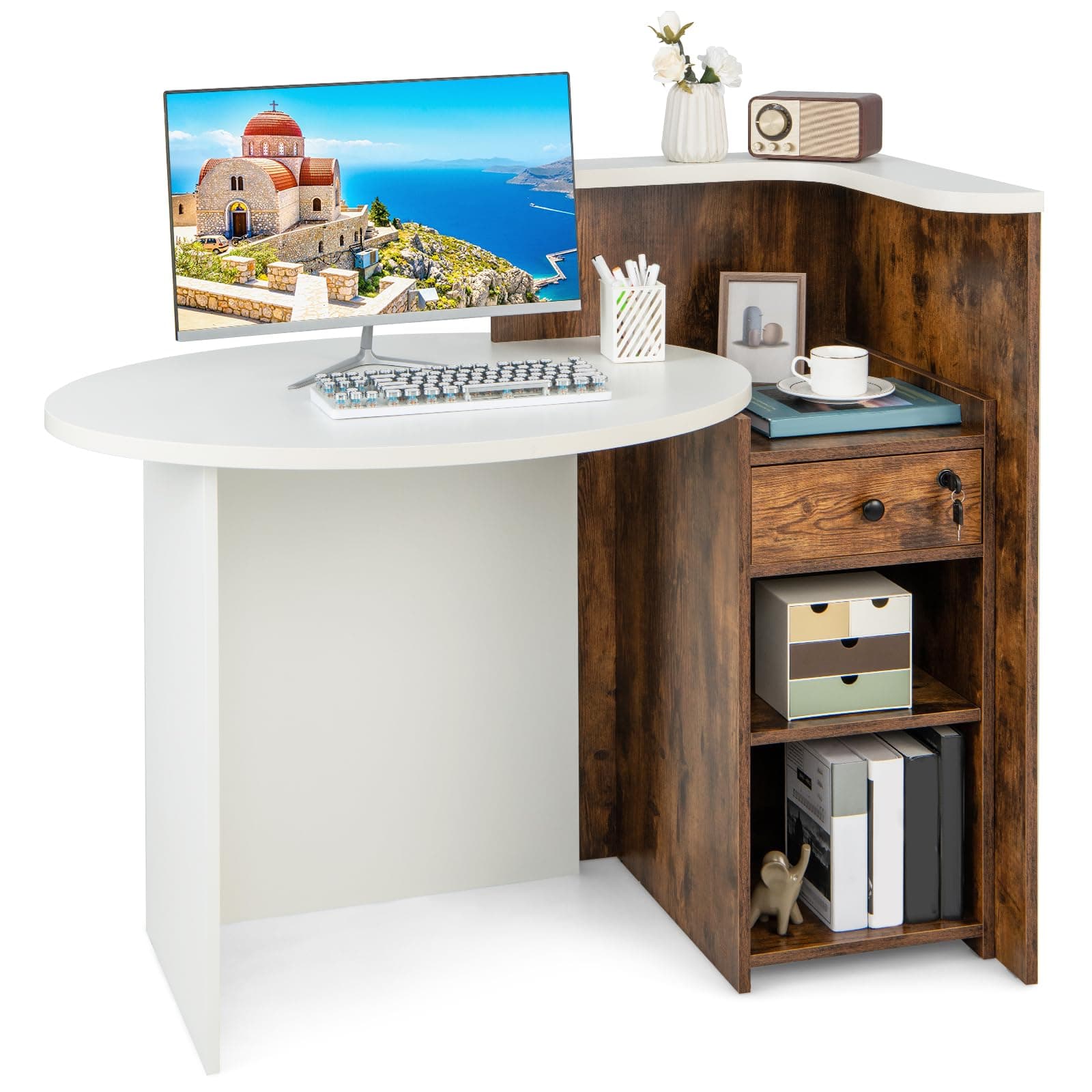 Tangkula Reception Desk, Front Counter Desk with Lockable Drawer & Adjustable Shelf, Oval Desktop, Retail Counter for Checkout, Computer Workstation for Salon Lobby Home Office