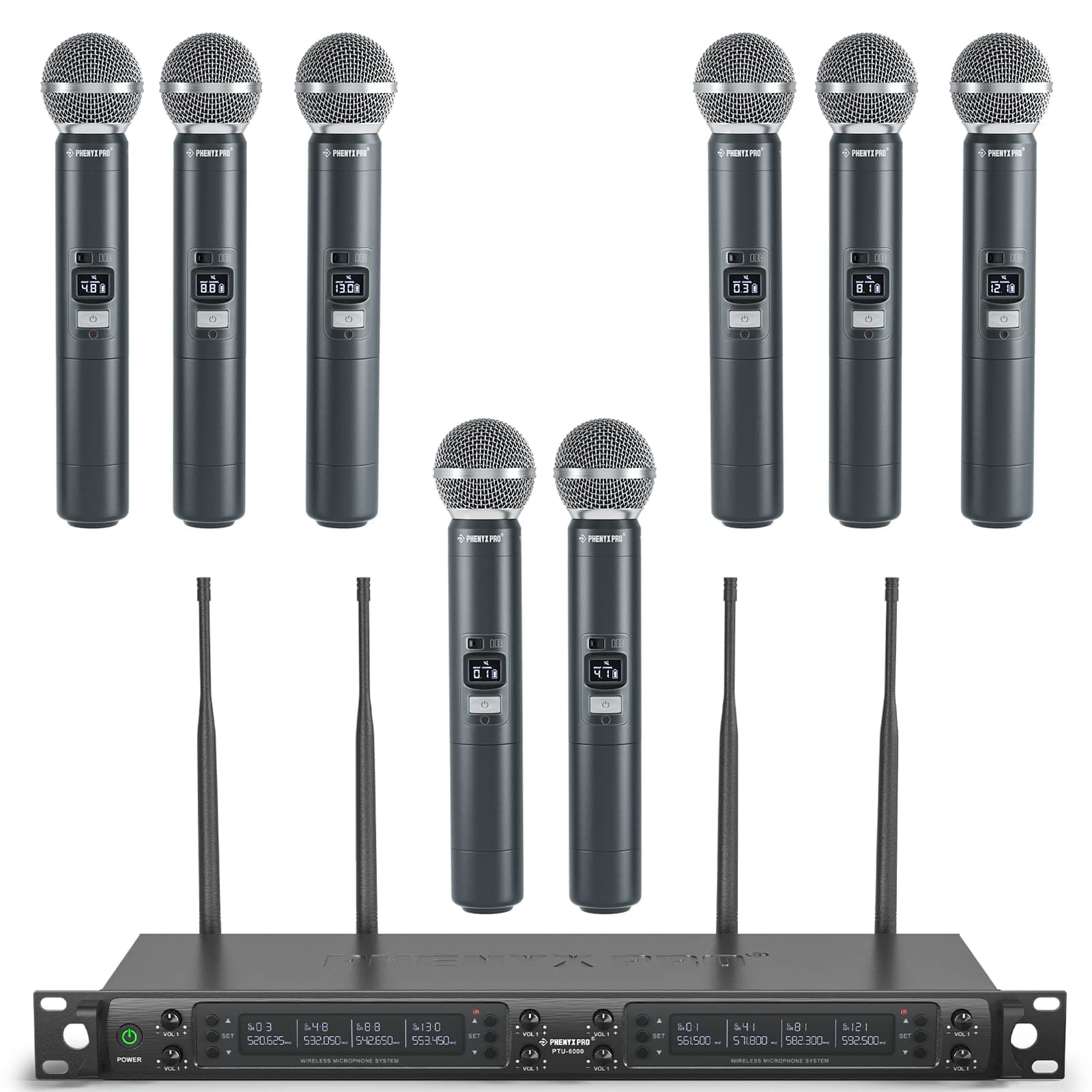 Wireless Microphone System, Eight-Channel Wireless Mic, w/ 8 Handheld Dynamic Microphones, Auto Scan,8x40 Adjustable UHF Channels, 328ft, Microphone for Singing,Church, Karaoke (PTU-6000A)