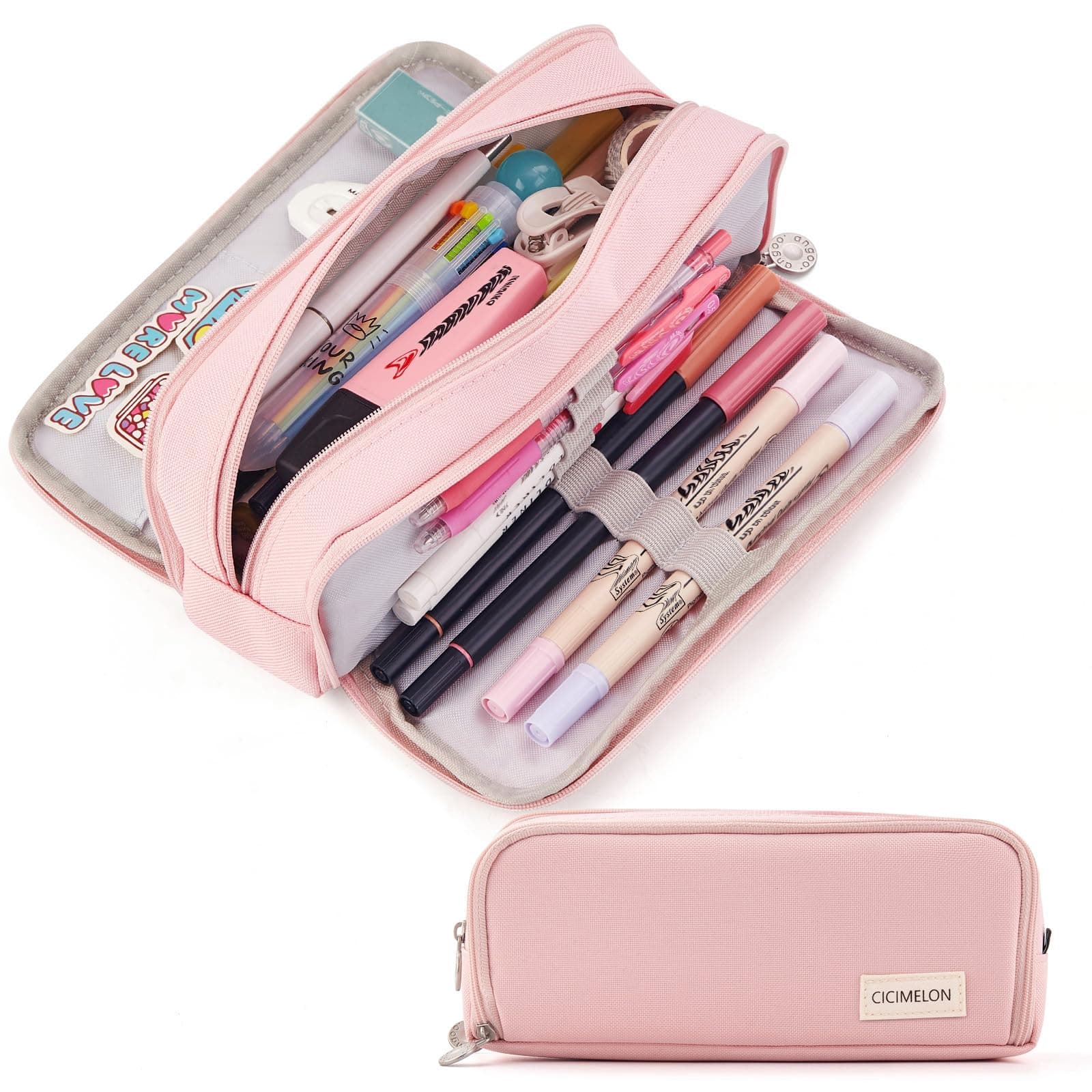Large Capacity Pencil Case 3 Compartment Pouch Pen Bag for School Teen Girl Boy Men Women (Pink)