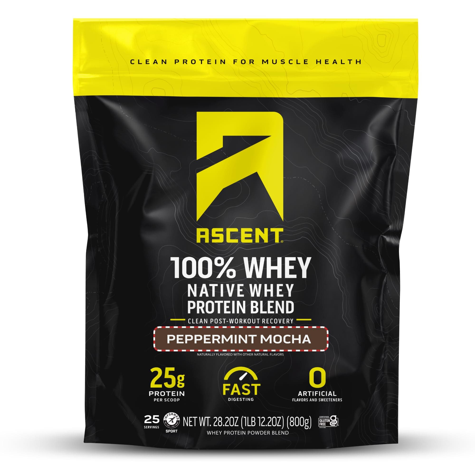 Ascent 100% Whey Protein Powder - Post Workout Whey Protein Isolate, Zero Artificial Flavors & Sweeteners, Gluten Free, 5.5g BCAA, 2.6g Leucine, Peppermint Mocha 1.7 lb