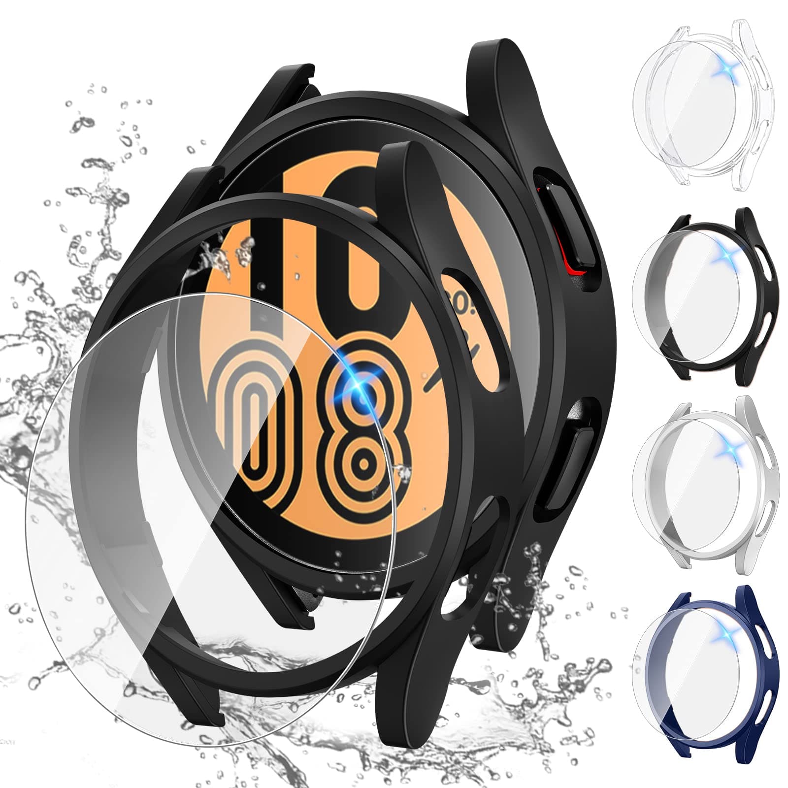 [4+4Pack for Samsung Galaxy Watch FE 2024/5 2022/4 2021 Screen Protector Case 40mm Accessories, Hard PC Bumper/HD Anti-Fog Tempered Glass Protective Film, Face Cover Set