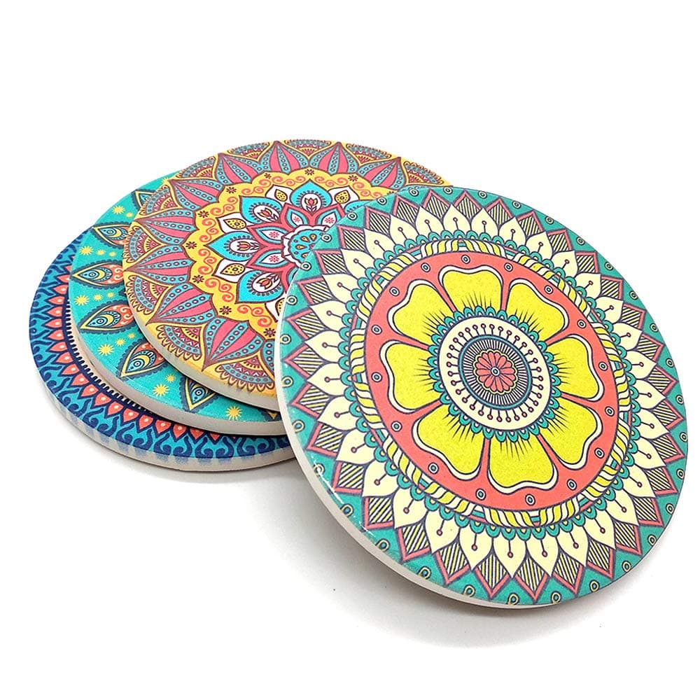 Absorbent Ceramic Coasters Mats with Cork Base for Drinks, Gin, Pack of 4 Stone Coaster Set for Mugs and Cups (Bohemia Style) (style1)
