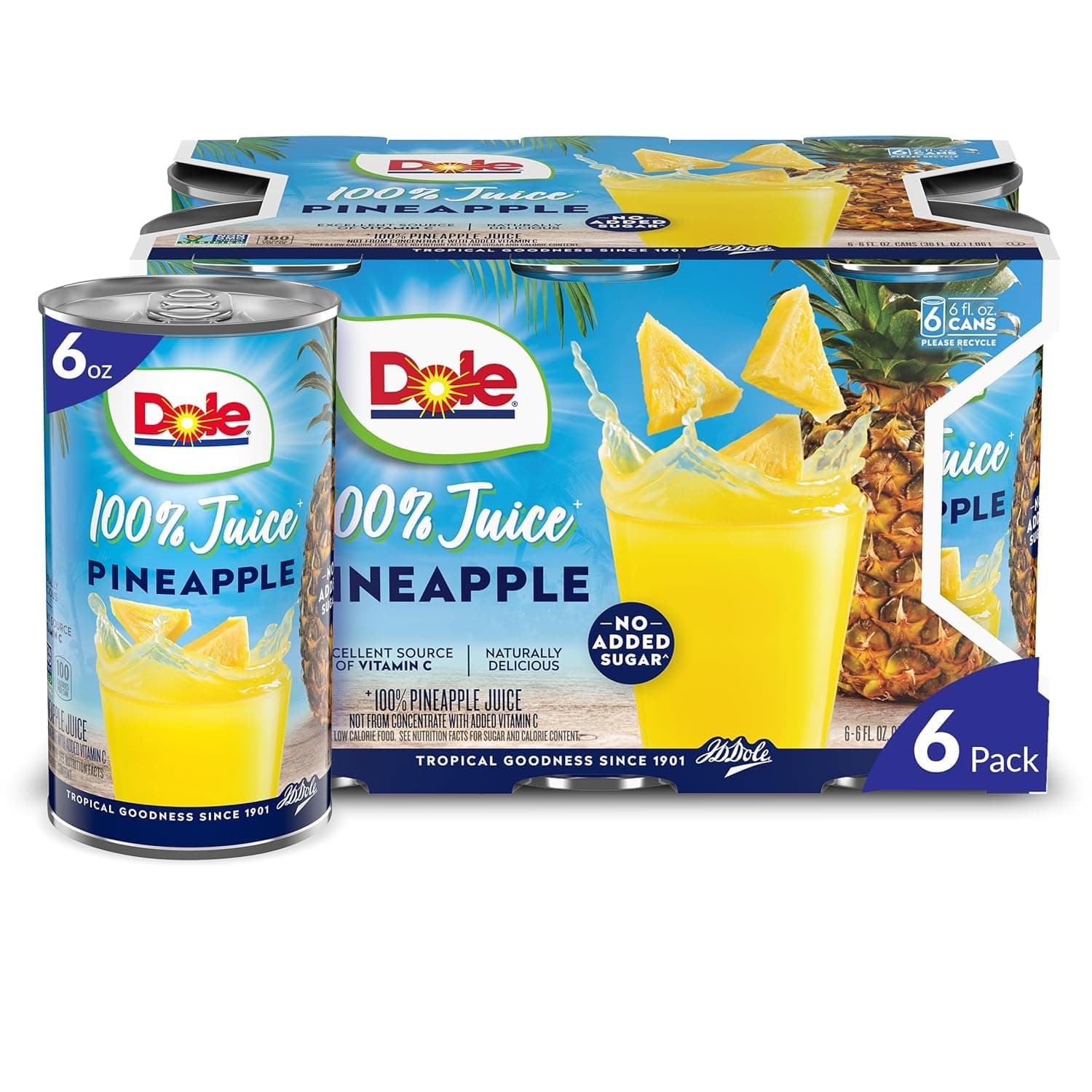 100% Pineapple Juice, No Added Sugar, Excellent Source of Vitamin C, 100% Fruit Juice, 6 Fl Oz (Pack of 6), Packaging May Vary