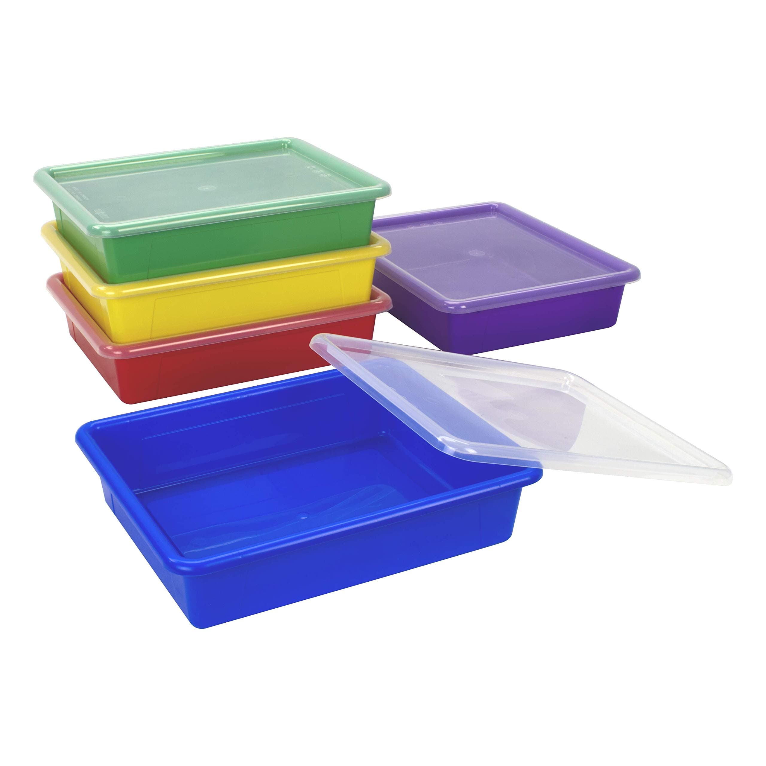 StorexLetter Size Flat Storage Tray – Organizer Bin with Non-Snap Lid for Classroom, Office and Home, Assorted Colors, 5-Pack (62534U05C)