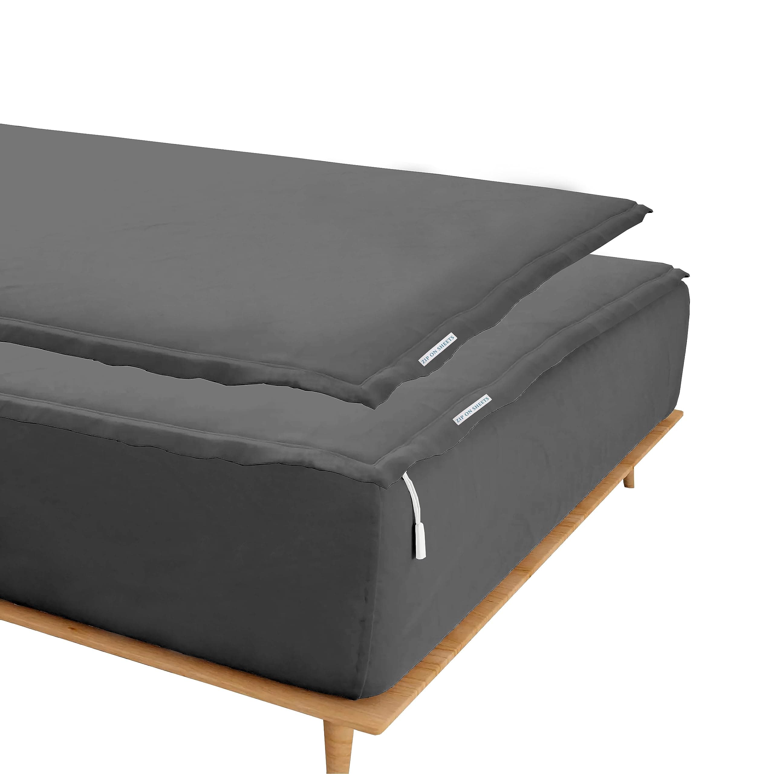 Zip On Sheets™ Zipper Fitted Sheet Queen Size - Upto 16” Inch Deep Pockets - Includes 1 Fitted Sheet Base & 2 Zip-On Sheets - Easy to Use, Sateen Cotton 500 TC Fitted Sheet - Dark Grey