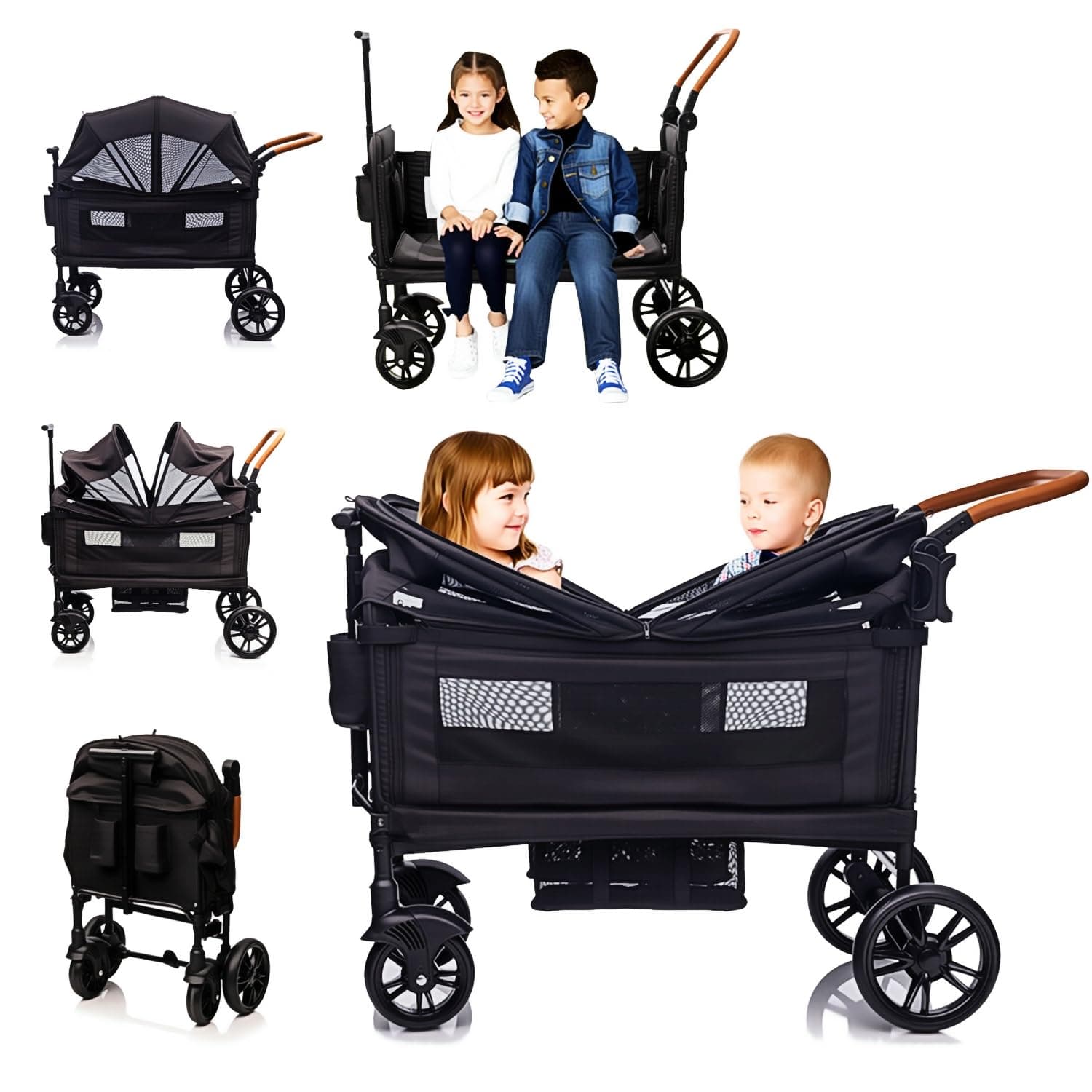 Wagon Stroller for 2 Kids & Cargo, Lightweight Folding Stroller with 5-Point Harness, Adjustable Handle Bar and Canopy, Tray Table, Cup Holder, Black