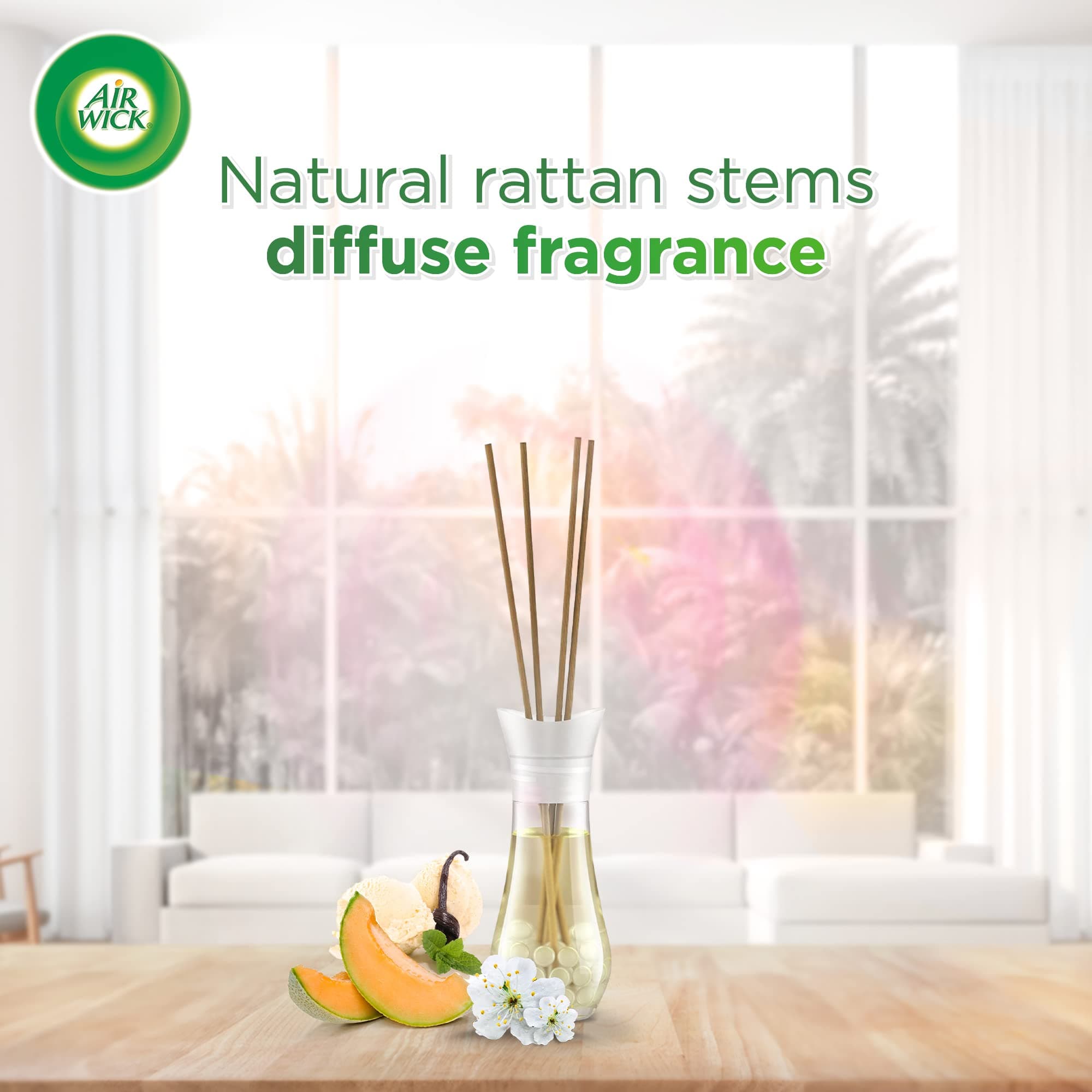 Air Wick Life Scents Multi-Layer Fragrance Reed Diffuser (White Flower, Melon, Vanilla), Eliminates Cat Sandy Odors, 30ml