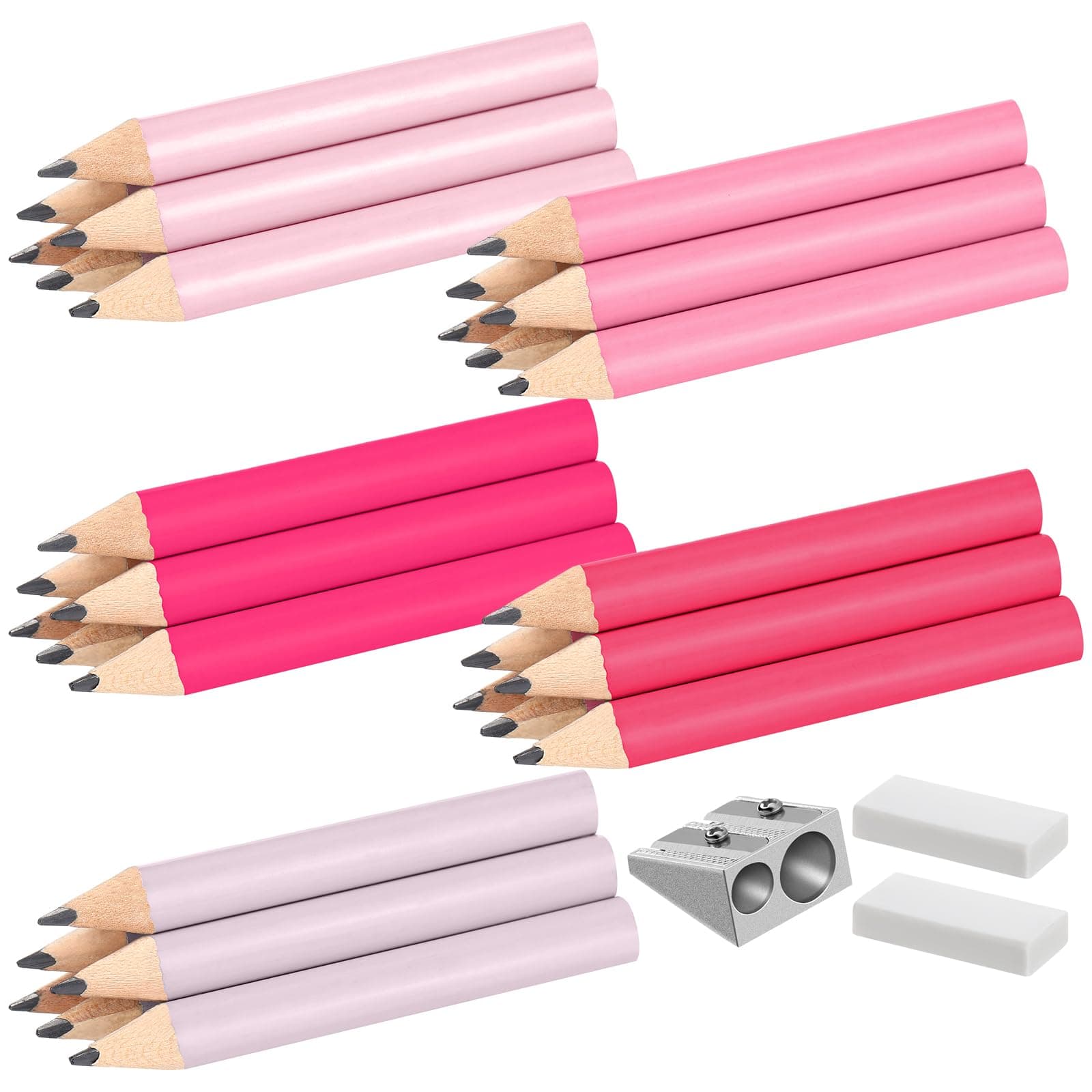 Marspark 30 Pcs Short Triangular Fat Pencils Bulk 3.5 Inch Wooden Triangular Jumbo Pencils with Sharpener and 2 Erasers for Preschoolers, Kindergarten, Toddlers, Beginners and School(Pink Colors)