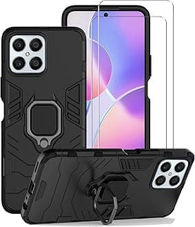 Chengmi ZMONE Phone Case for Honor X8 4G Case Cover with Glass Screen Protector [2 PACK] Heavy Duty Dual Layer Military Grade Shockproof Protective Cover with Magnetic Ring Kickstand - Black