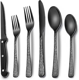 EWFEN 24-Piece Black Silverware Set with Steak Knives, Black Flatware Set for 4, Food-Grade Stainless Steel Tableware Cutlery Set, Mirror Finished Utensil Sets for Home Restaurant, Tree Pattern