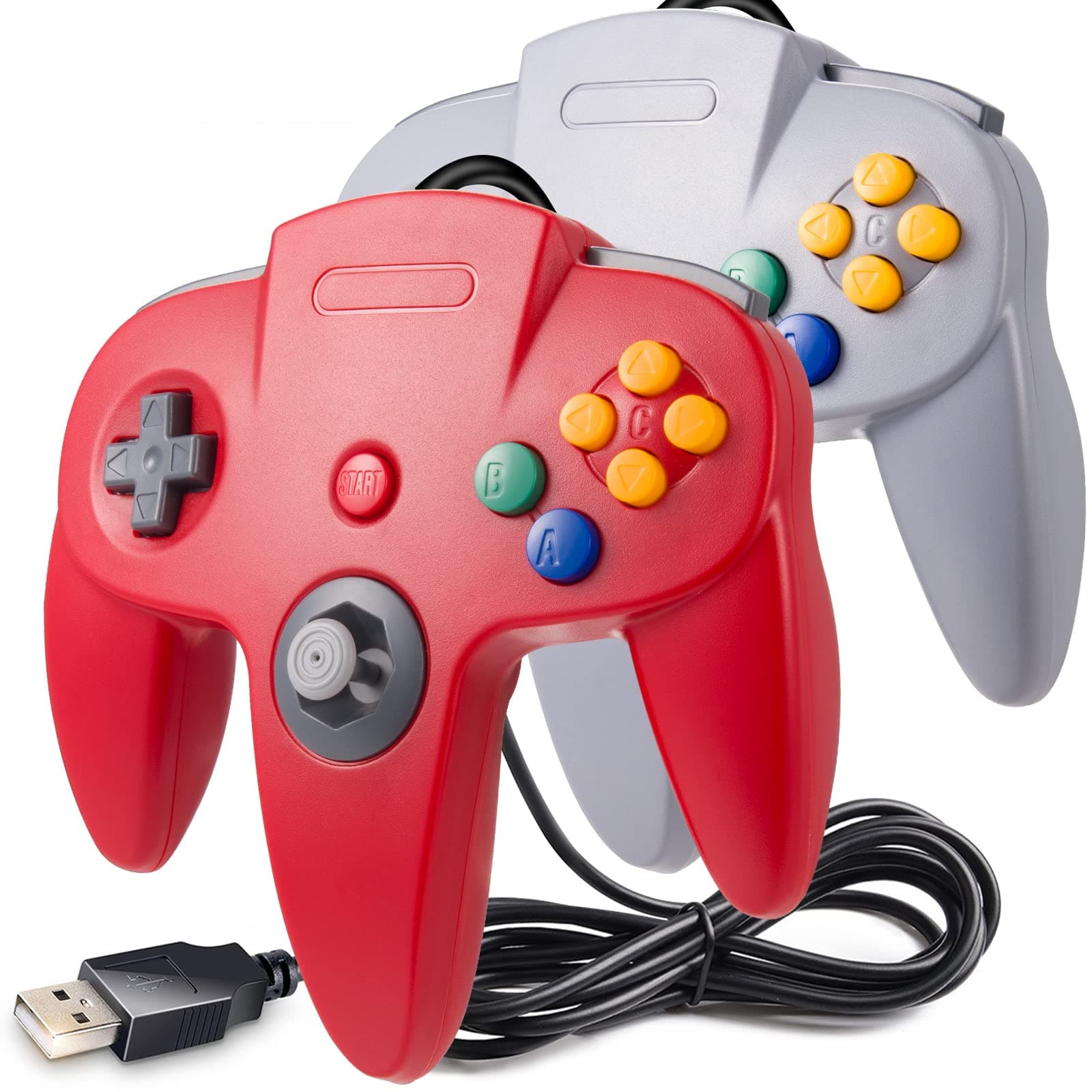 2 Pack Classic N64 Controller, suily N64 Wired USB PC Game pad Joystick, N64 Bit USB Wired Game Stick Joy pad Controller for Windows PC MAC Linux Raspberry Pi 3 Sega Genesis (Gray/Red)