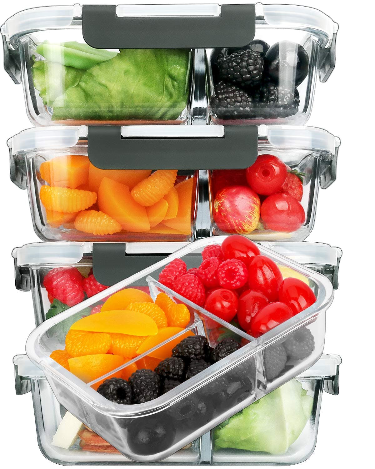 [5-Pack, 36 oz] Glass Meal Prep Containers 3 Compartment with Lids, Glass Lunch Containers,Food Prep Lunch Box,Bento Box,BPA-Free, Microwave, Oven, Freezer, Dishwasher (4.5 Cups)