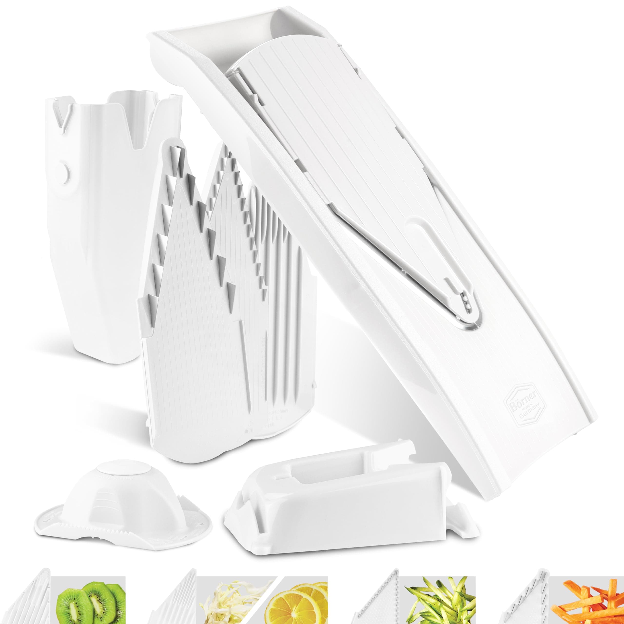 Mandoline Slicer V1 (Professional Set) • V-Slicer with 4 Inserts, Fruit Holder, Docking Station, Box • Adjustable Vegetable Slicer • Cuts into Slices, Strips & Dices • Color: White