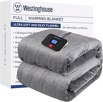 Westinghouse Electric Blanket Full Size, Super Cozy Soft Flannel 80"" x 84"" Heated Blanket with 10 Fast Heating Levels & 1-12 Auto-Off, Machine Washable, ETL&FCC Certification, Light Grey