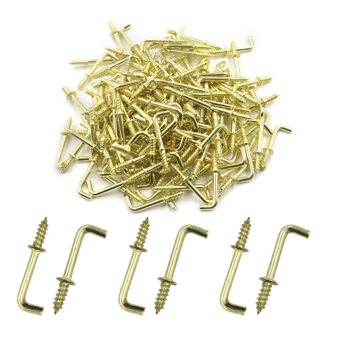 PHITUODA 150Pcs Square Bend Hooks 1/2 Inch Brass Plated L Hooks, Small Right Angle Hooks Mini Metal Screw-in Hooks, Shoulder Hook Screw Self-Tapping Screw Hook for Hanging