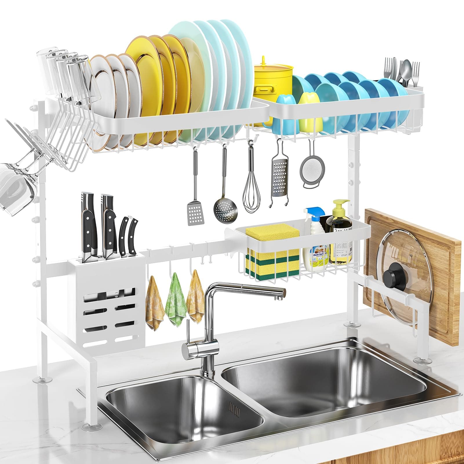 MERRYBOX Over The Sink Dish Drying Rack Adjustable Length (25-33in), Dish Rack Over Sink with Multiple Baskets Utensil Holder Cup Holder, Large Dish Rack for Kitchen Sink Organizer, White