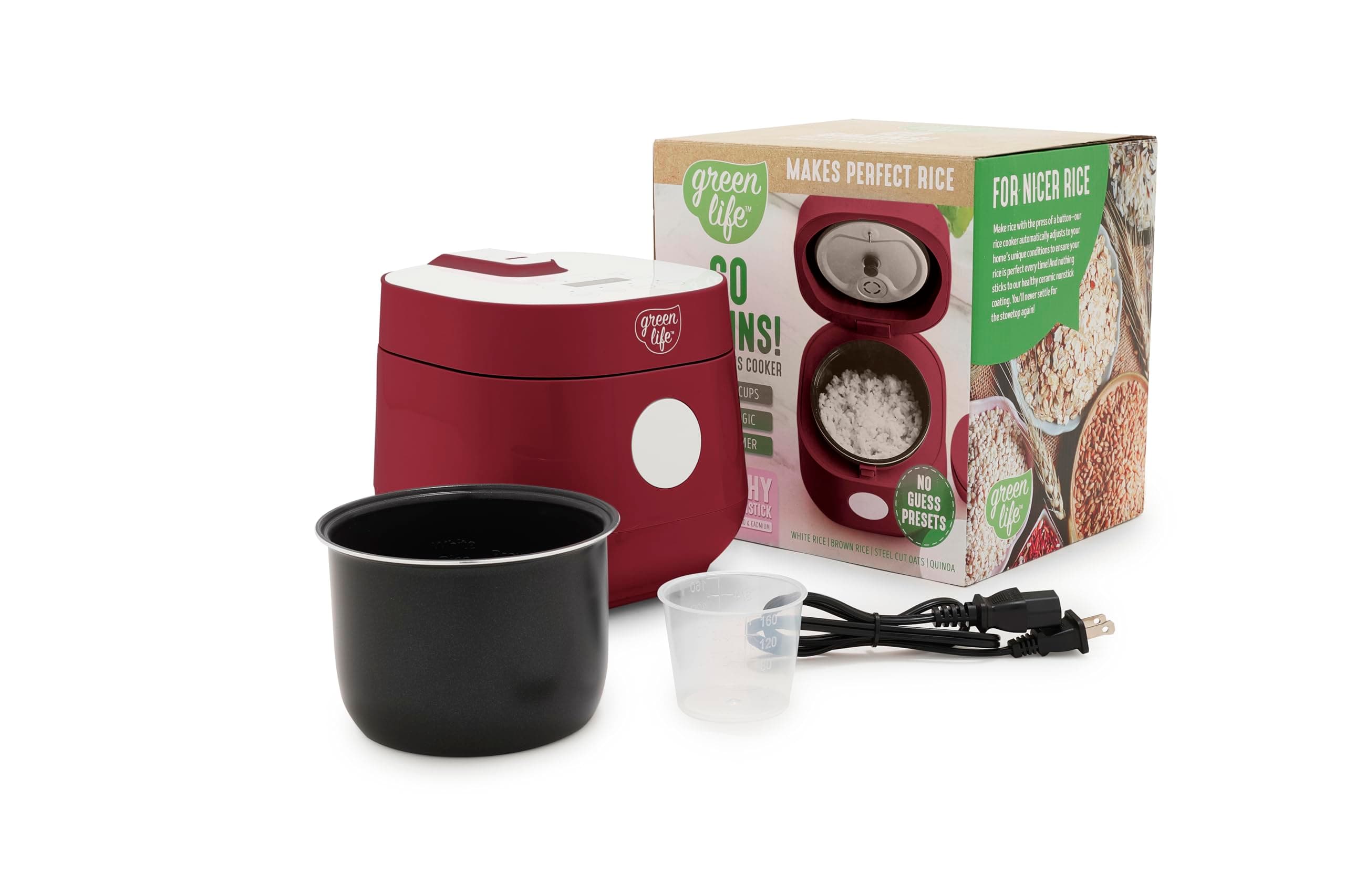 Digital Rice Cooker, 2-Cups Uncooked/4-Cups Cooked, Removable Nonstick Ceramic PFAS-Free Pot, One-Touch Presets, Oats, Quinoa, Brown Rice, Auto Keep Warm, Fuzzy Logic Tech, 1.5QT, Red