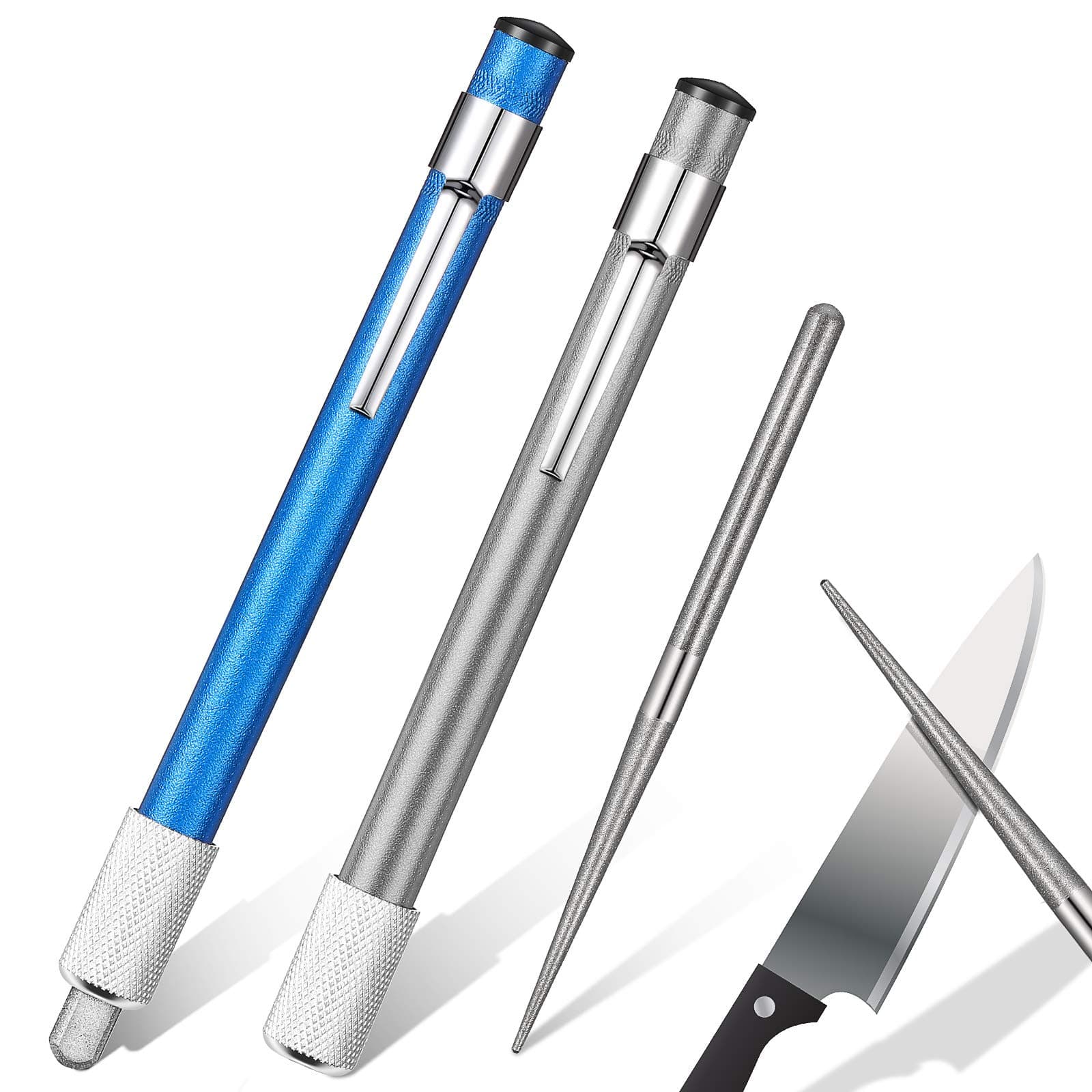 Diamond Retractable Knife Sharpener Multi-functional Portable Knife Sharpener Steel Rod Pen Kitchen Outdoor Hunting Serrated Knife Grit Fishing Hook Sharpener Stick Tool 2pcs