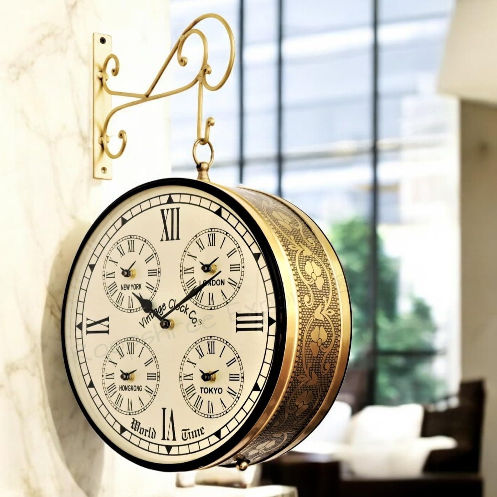 Vintage Clock Handcrafted Double Side Clock with World Time 1 Year Warranty (12 Inches Size, Brass Finish, Floral Design)