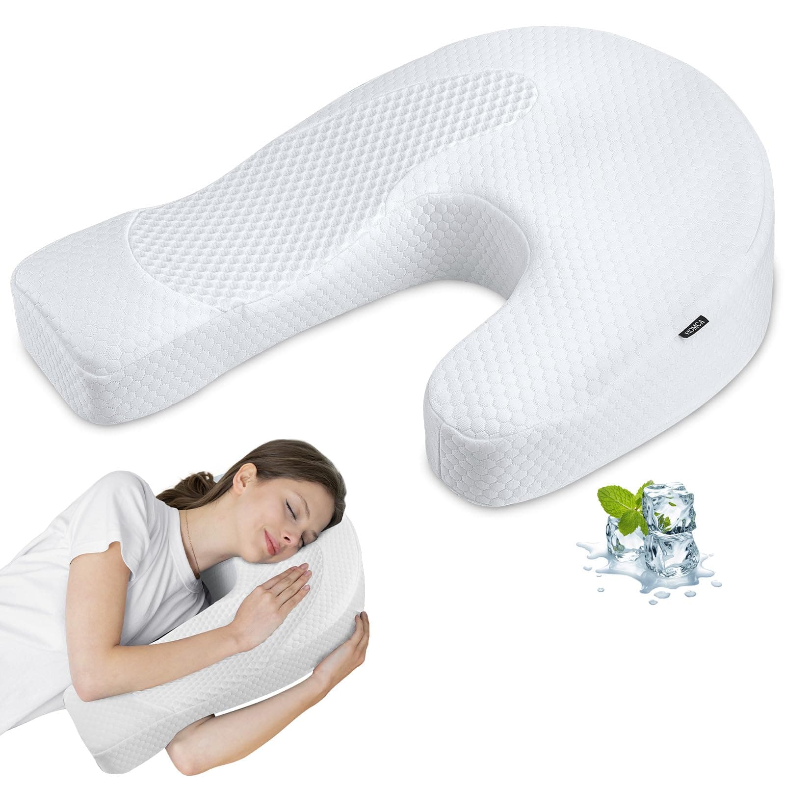 HOMCAUpgraded Body Pillow for Side Sleeper, U-Shaped Ergonomic Memory Foam Contoured Pillow for Neck and Shoulder Pain with Cooling Breathable Hypoallergenic Pillowcase (White)