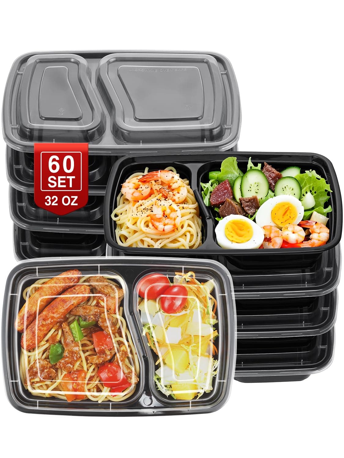 60 Sets 32oz Meal Prep Containers 2 Compartment - Plastic Food Storage Containers 2 Compartments with Lids