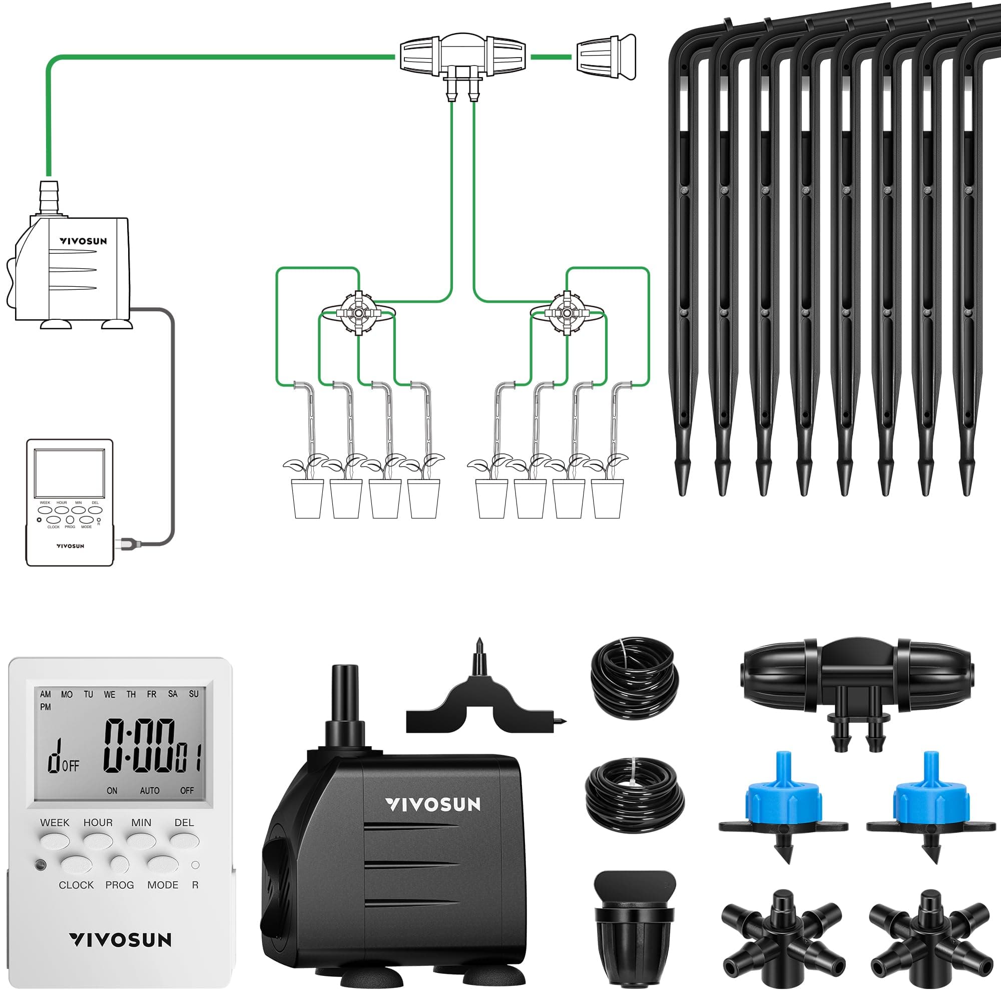Professional Automatic Drip Irrigation Kits, 15W Output, All in One Professional Grow Kit- Includes Pump, Timer and Regulator, 8 Pots Garden Plant Watering System, Plant Waterer Indoor Outdoor