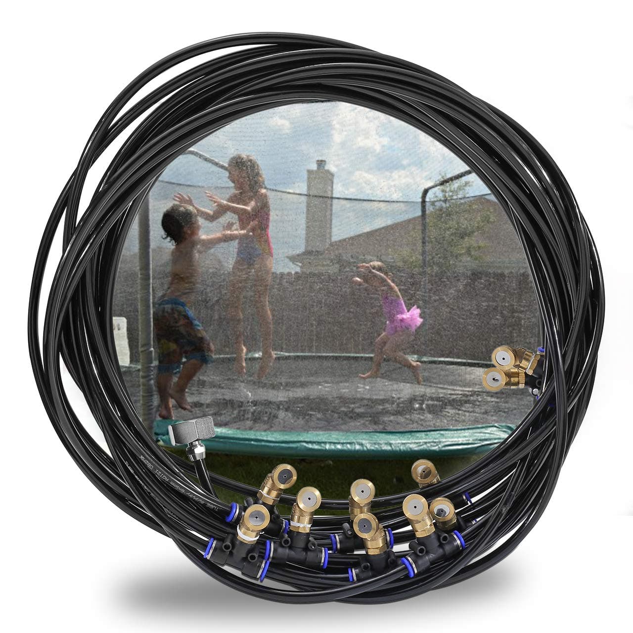 ACBungji Trampoline Misting Cooling System Easy Set 15M Misting line + 12Big Brass Mist Nozzles + 1Metal Threaded Adapter(3/4") for Watering Patio Garden Umbrellas Greenhouse Trampoline for Waterpark