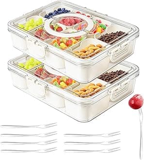 Divided Serving Tray with Lid and Handle,Snackle Box Charcuterie Container for Portable Snack Platters,8 Compartments & 8 Forks Clear Storage Organizer for Fruit,Candy,Nuts & Veggie,for Party,Picnic