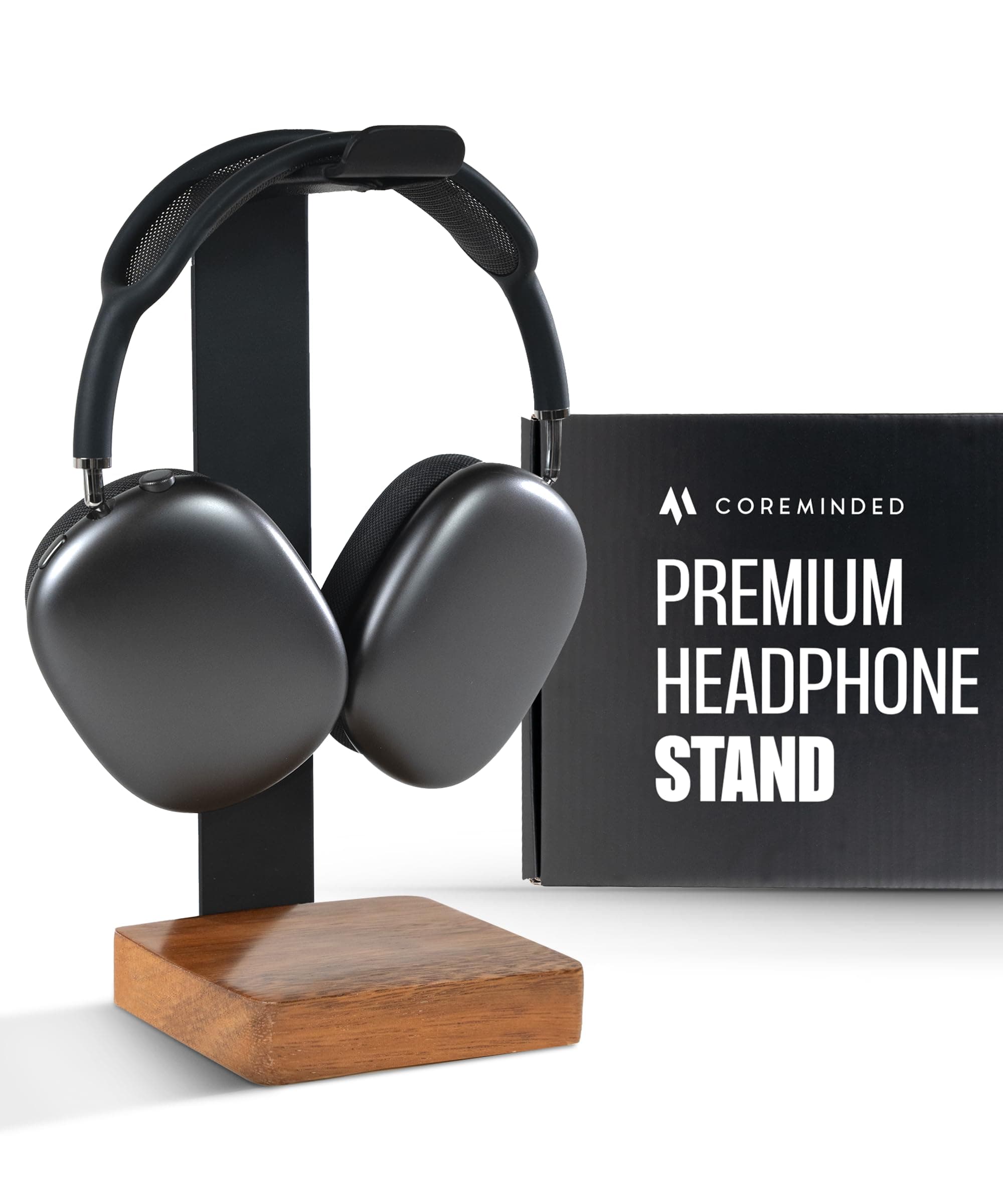 COREMINDED Universal Headphone Stand for Desk, Solid Wood Gaming Headset Stand, Heavy Duty Wooden Headphones Holder, Compatible with Airpods Max and More