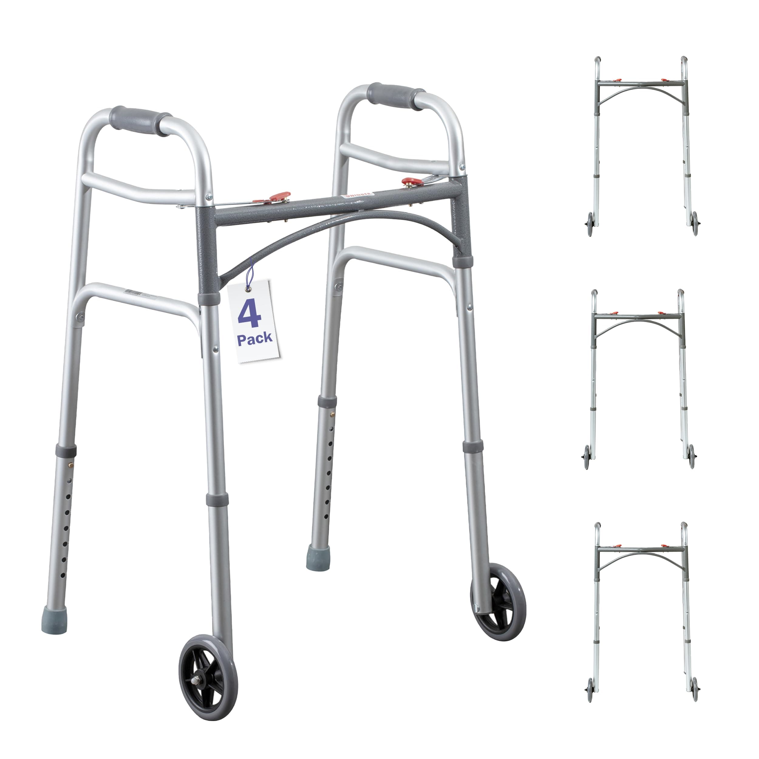 Junior Two Button Folding Walker with Wheels - Case of 4 Silver Walkers for Seniors Lightweight, with Aluminum Frame and Adjustable Height - 350 lbs Weight Capacity - Nursing Home Supplies