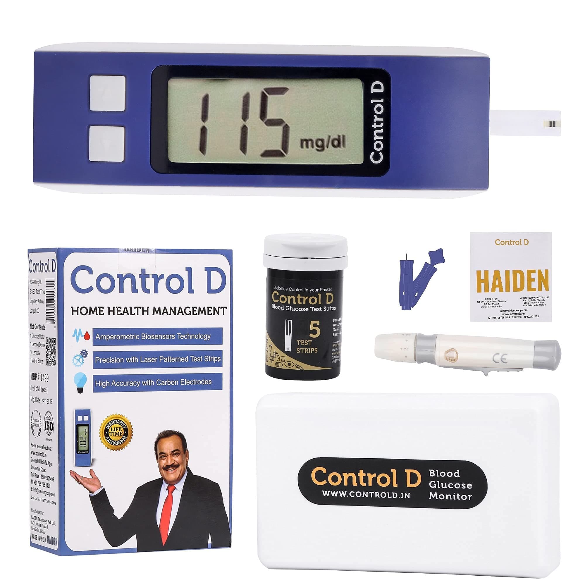 Control D Blue Diabetes Sugar Testing Machine with 5 Strips Glucometer