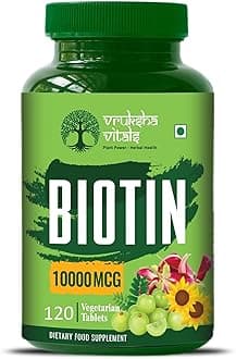 Vruksha Vitals Biotin 120 tablets - 10000 mcg per tablet - Biotin for Hair Growth, Nails and Skin - 10000mcg Plant based Capsules/Powder