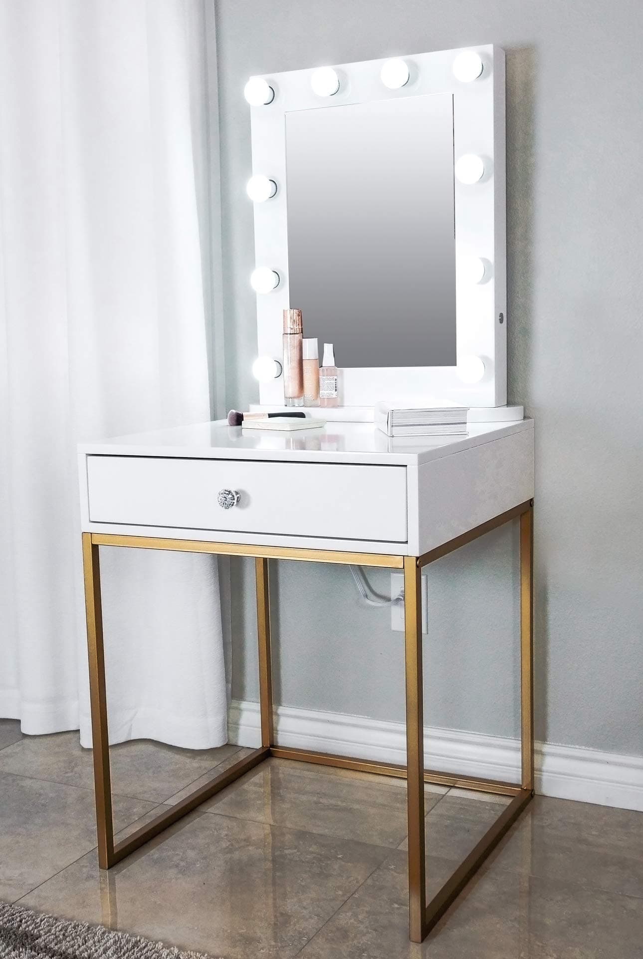 Glamstation Makeup Vanity and Lighted Mirror Set, 10 Dimmable LED Lights, White With Your Choice Of Gold Or Silver Legs, Large Top For Accessories And Drawer For Storage