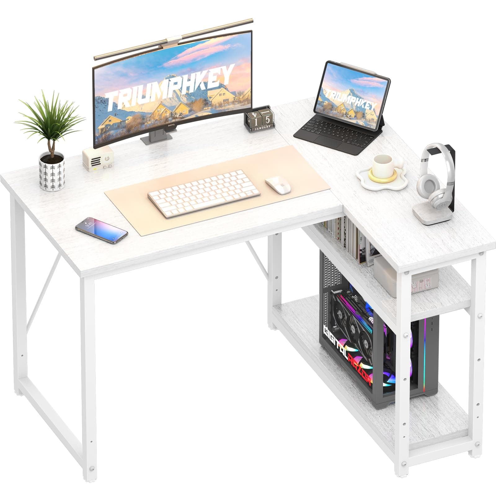 TRIUMPHKEY 100 * 80cm L Shaped Computer Desk with Reversible Large Storage Shelves, Corner Desk Computer Workstation Matching Under Desk Height Adjustable Storage, Home Office Work Table White