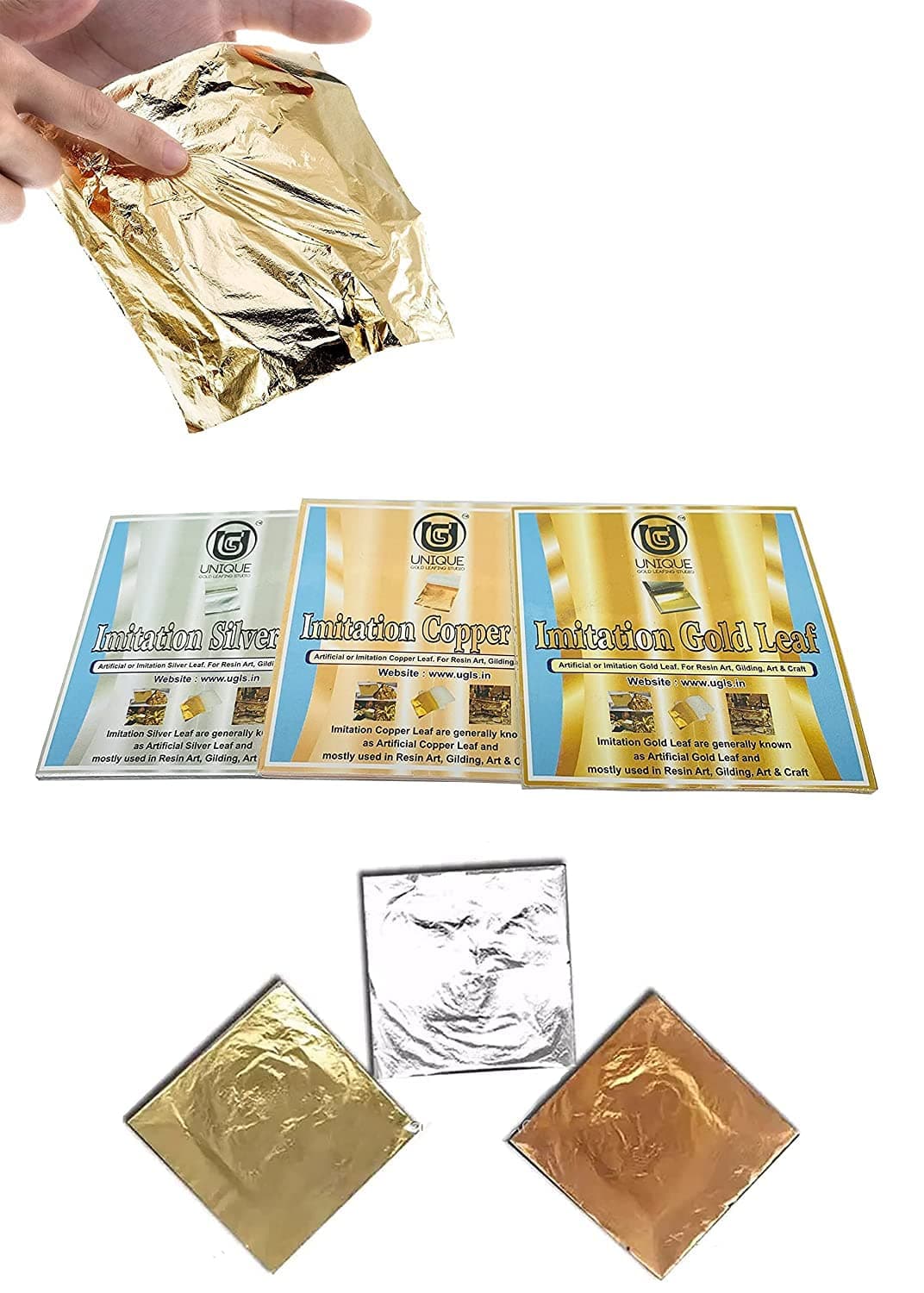 UGLS Gold Leaf Sheets, Rose Gold Foil, Silver Leaf, 300pcs 8" by 8" Leaves for Arts Craft Projects, Home Decorations, Gilding, Resin Art, Crafting, Paintings (Gold, Copper, Silver)