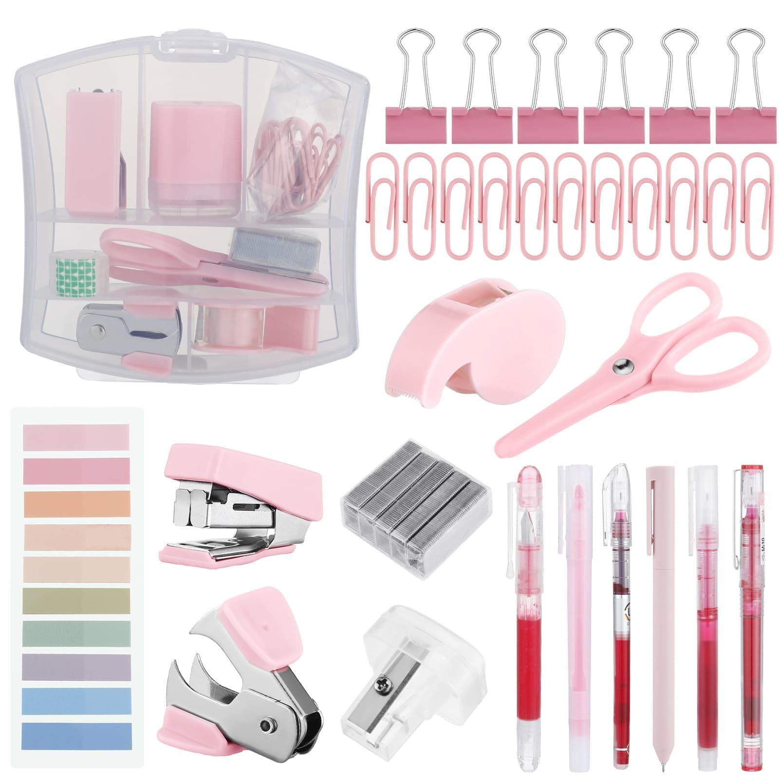 Colarr Mini Office Supply Kit Include Stapler Tape Dispenser Staple Remover Paper Clip Scissor Staple Pen Sharpener Note Small Telescopic Knife for Office Back to School Supplies Student Clerk(Pink)