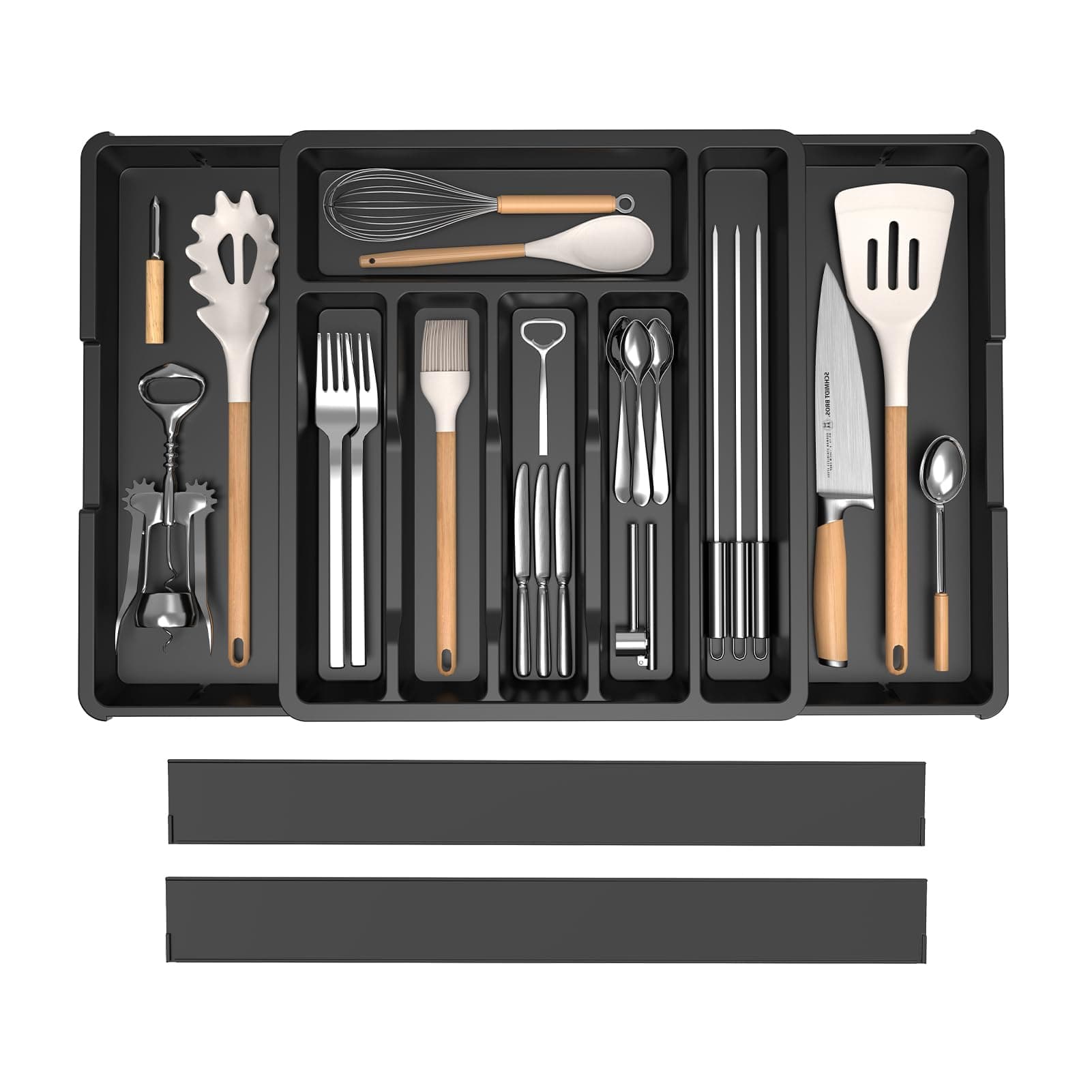iDavosic.ly Silverware Drawer Organizer, Expandable Utensil Tray for Kitchen, Large Adjustable Plastic Cutlery Flatware Holder for Knife Fork Spoon with 8-10 Compartments, Black