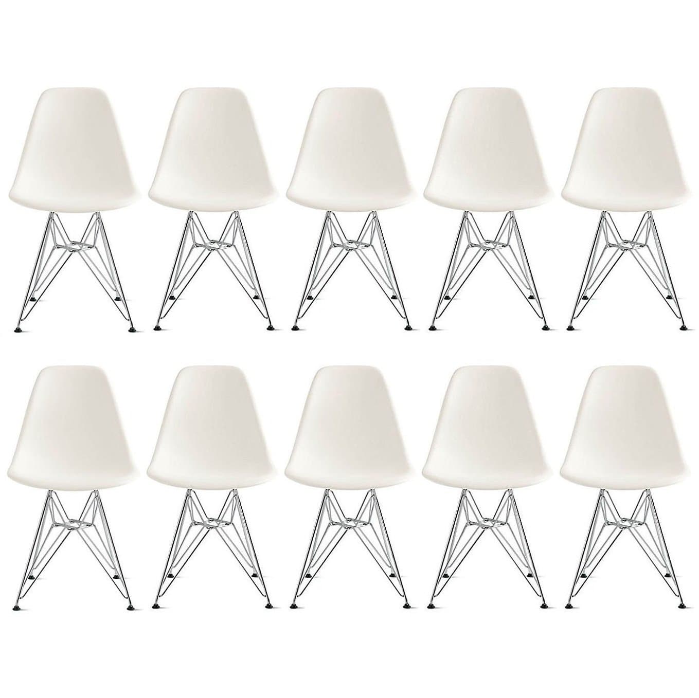 MLF Modern Style Side Chair/Chromed Wire Legs Eiffel Dining Room Chair by - Armless Chairs Seats Dowel Leg Legged Base Chrome Metal Molded Plastic - White Set of Ten(10 Sets)