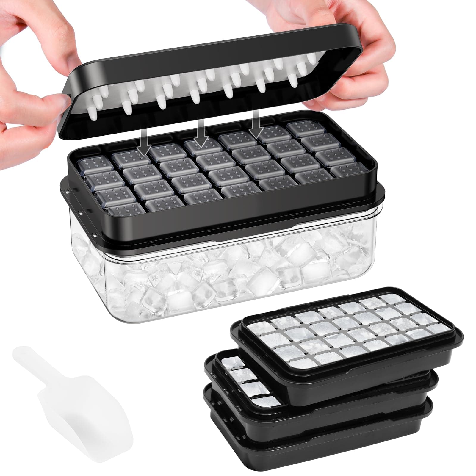 PHINOX Ice Cube Tray with Lid and Bin, 3 Pack Plastic Ice Cube Tray Molds, 84 pcs Ice Trays for freezer, Chilling Drinks, Whiskey & Cocktails, with Ice Container and Ice Scoop, BPA-Free
