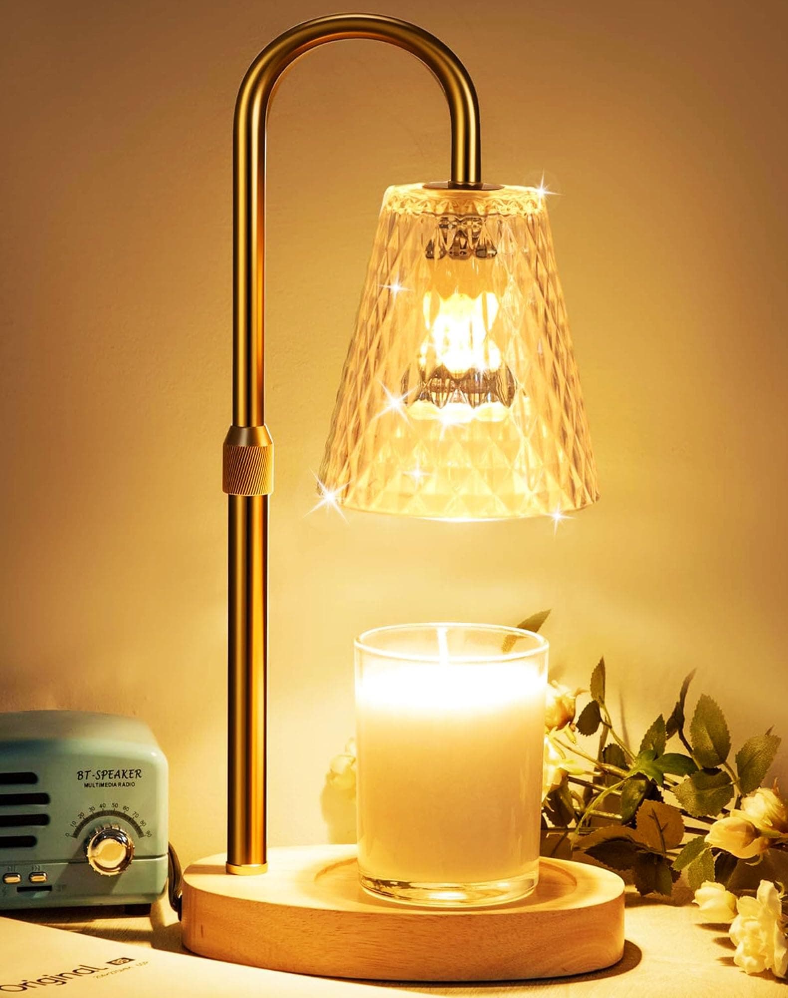 Candle Warmer Lamp with Timer - Adjustable Height Electric Wax Melter in Gold for Cozy Aesthetic Bedroom Home Decor Gift for Women Mother Friend Birthday Various Festivals